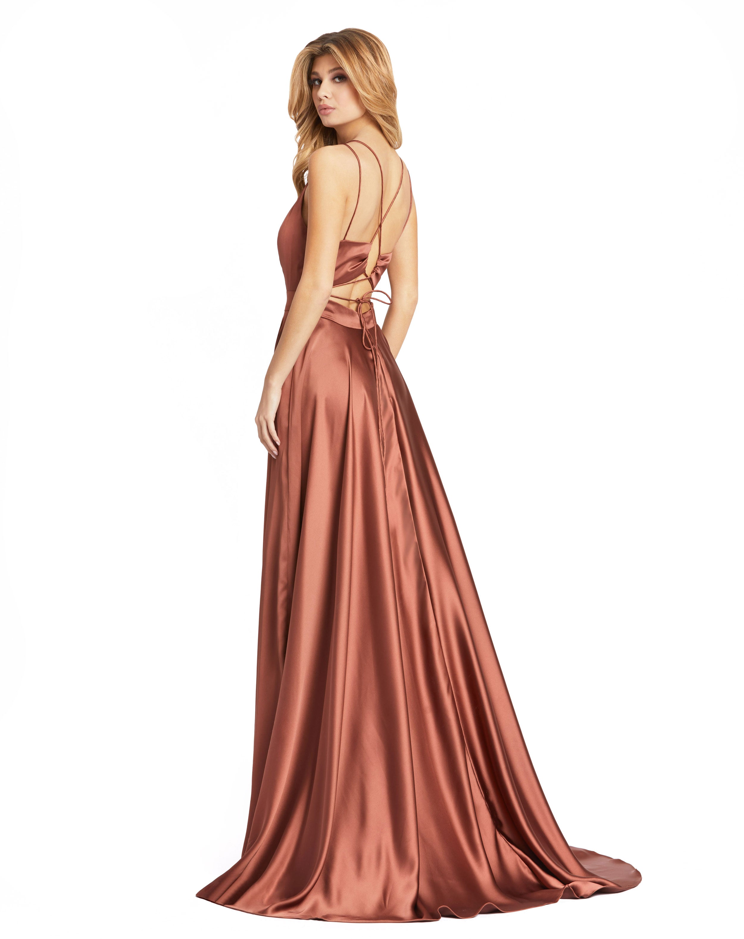 Satin Strappy-Back High Slit Gown