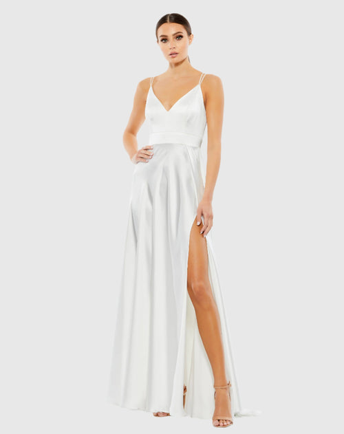 Satin Strappy-Back High Slit Gown