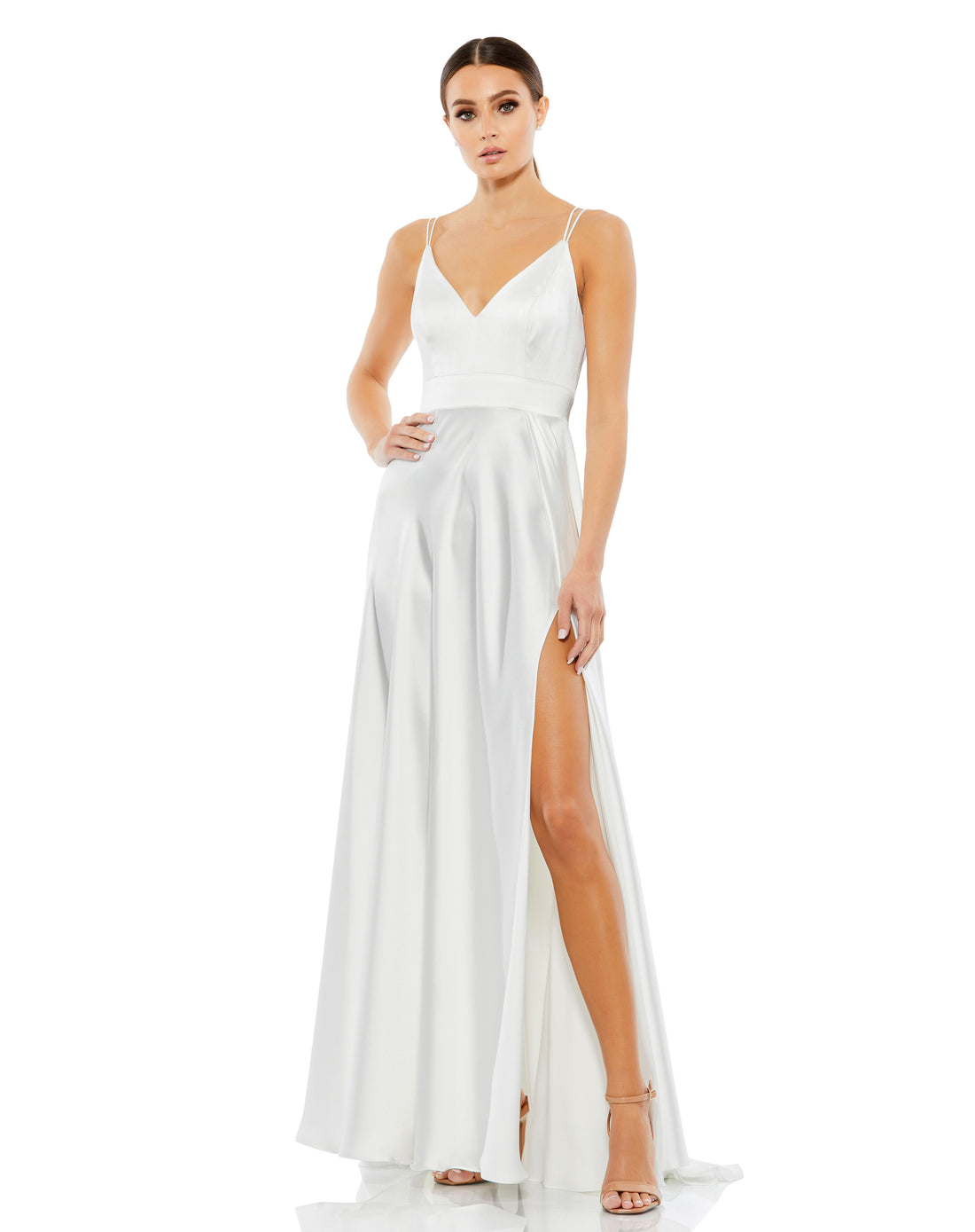 Satin Strappy-Back High Slit Gown