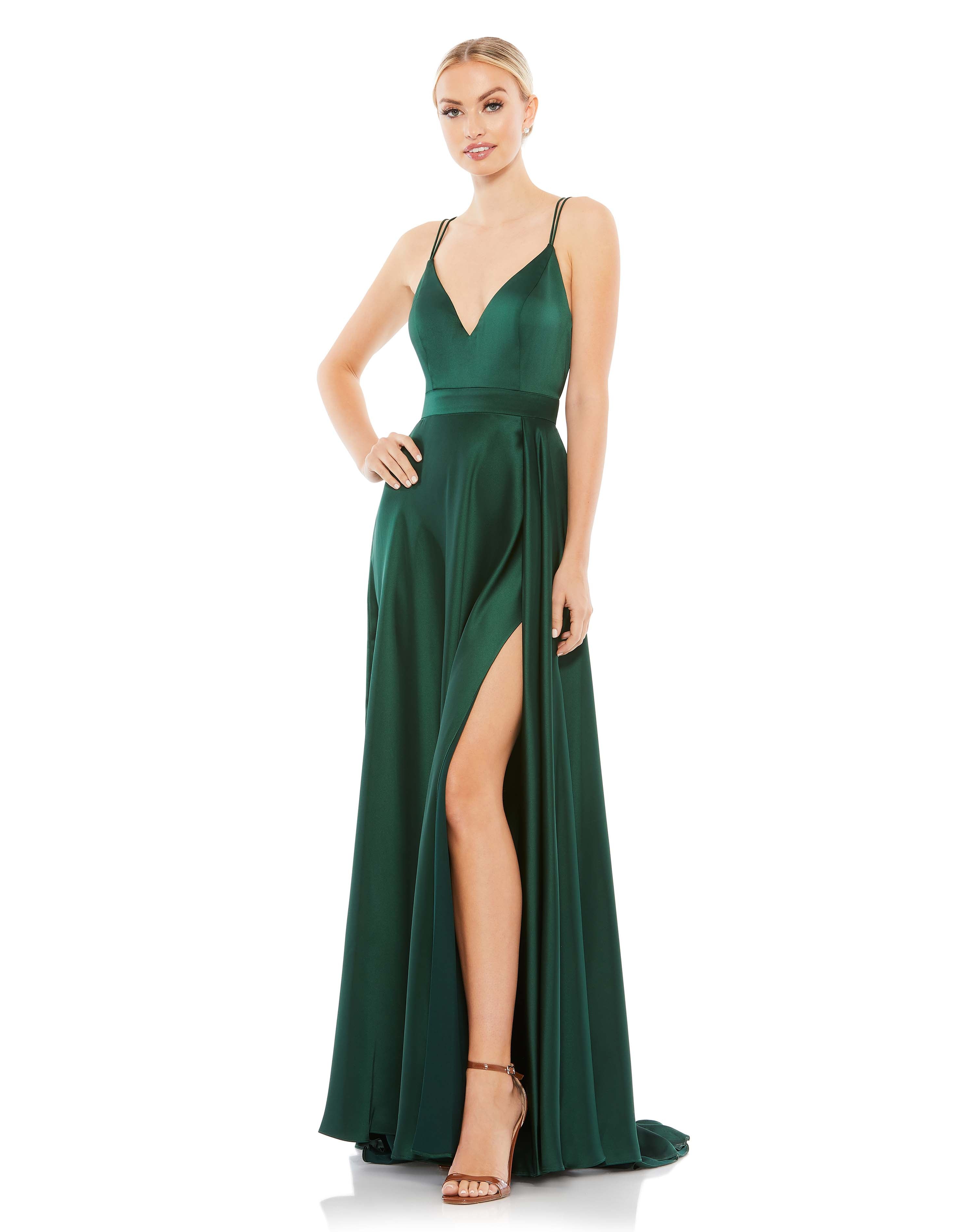 Satin Strappy-Back High Slit Gown