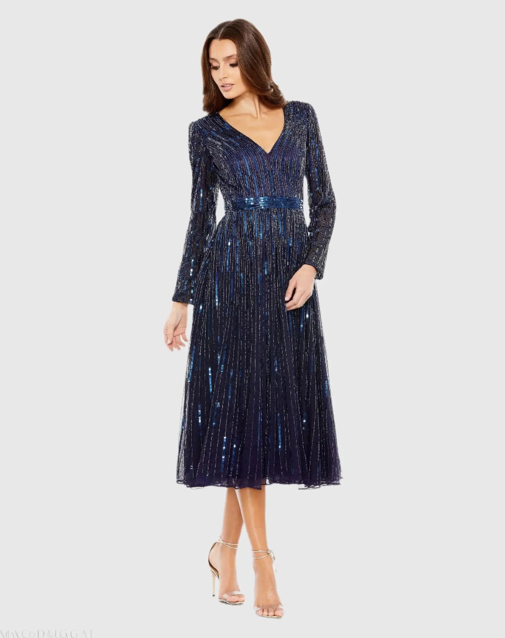 Navy Long Sleeve Tea Length Dress - Mac Duggal
