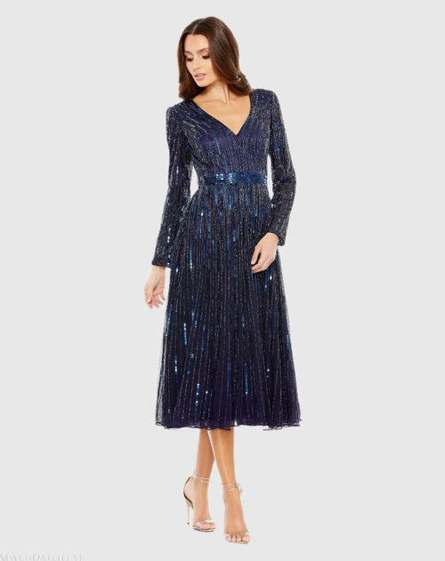 Navy Long Sleeve Tea Length Dress - Mac Duggal