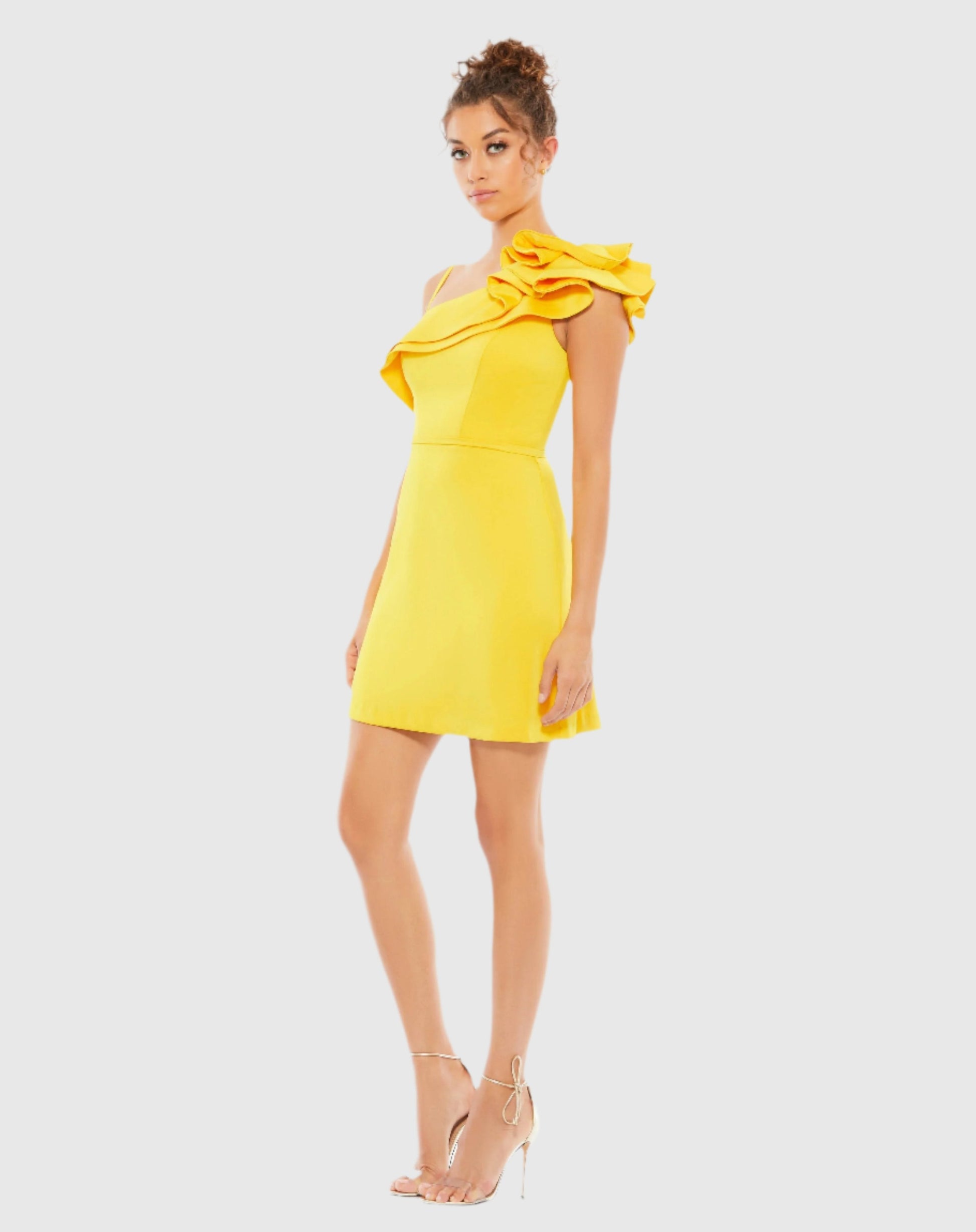 Yellow One Shoulder Ruffle Mini Dress Ieena for Mac Duggal