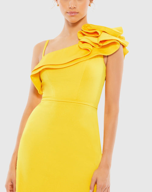 Yellow One Shoulder Ruffle Mini Dress Ieena for Mac Duggal