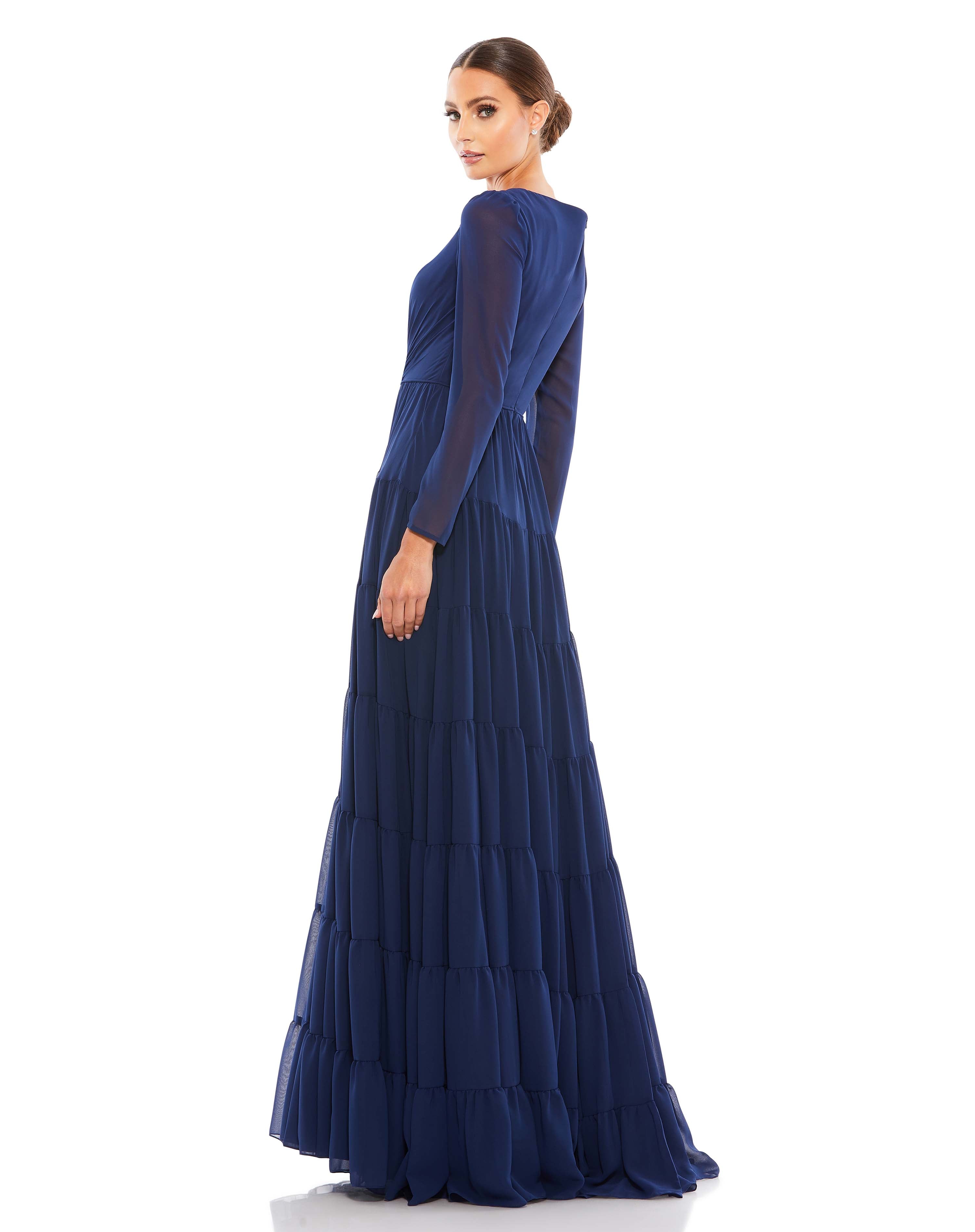 Faux Wrap Illusion Long Sleeve Tiered Gown