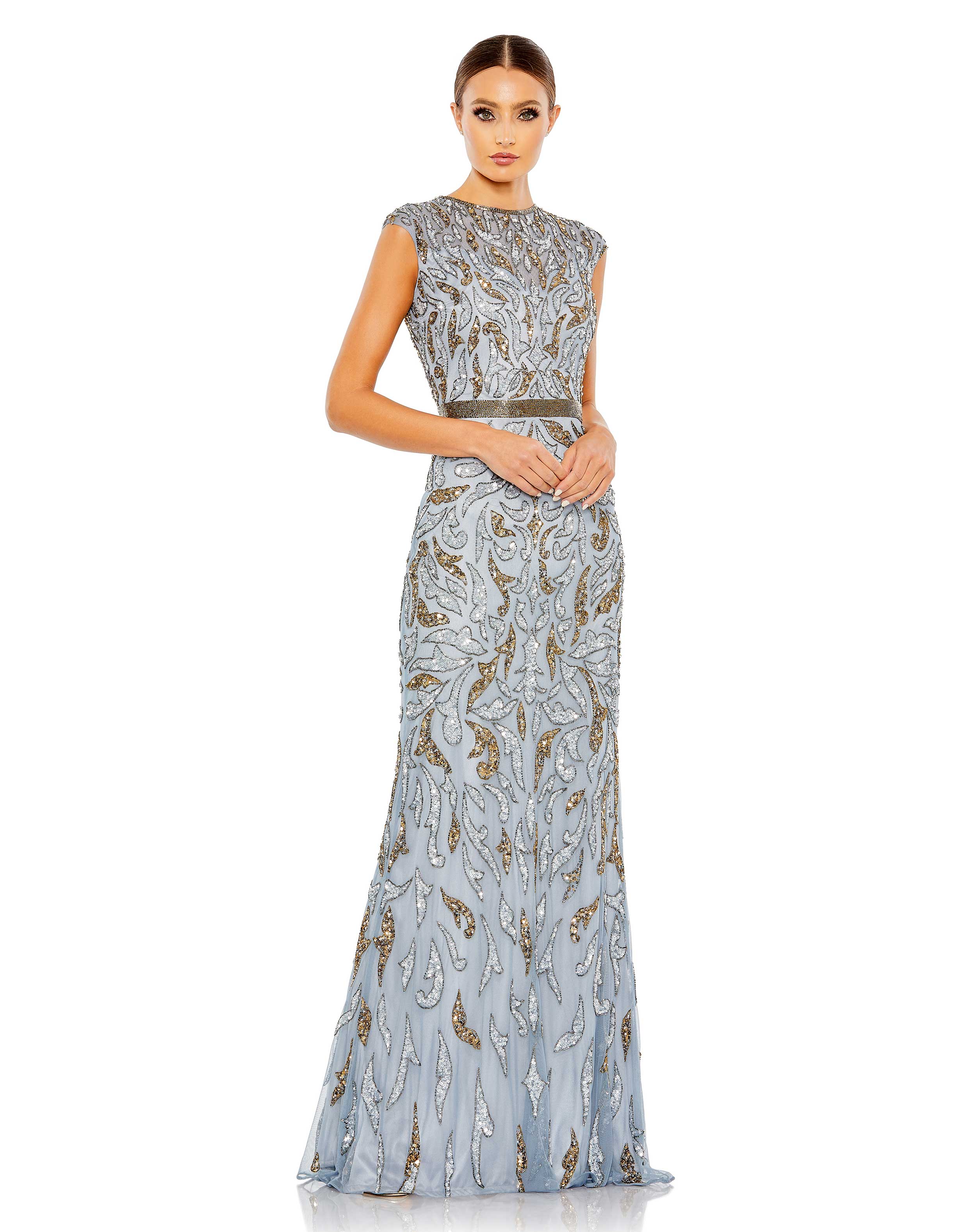 Embellished Illusion Cap Sleeve Column Gown