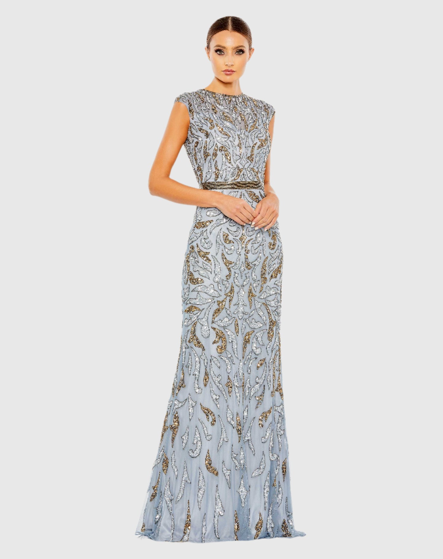 Blue and Gold Embellished Illusion Cap Sleeve Column Gown