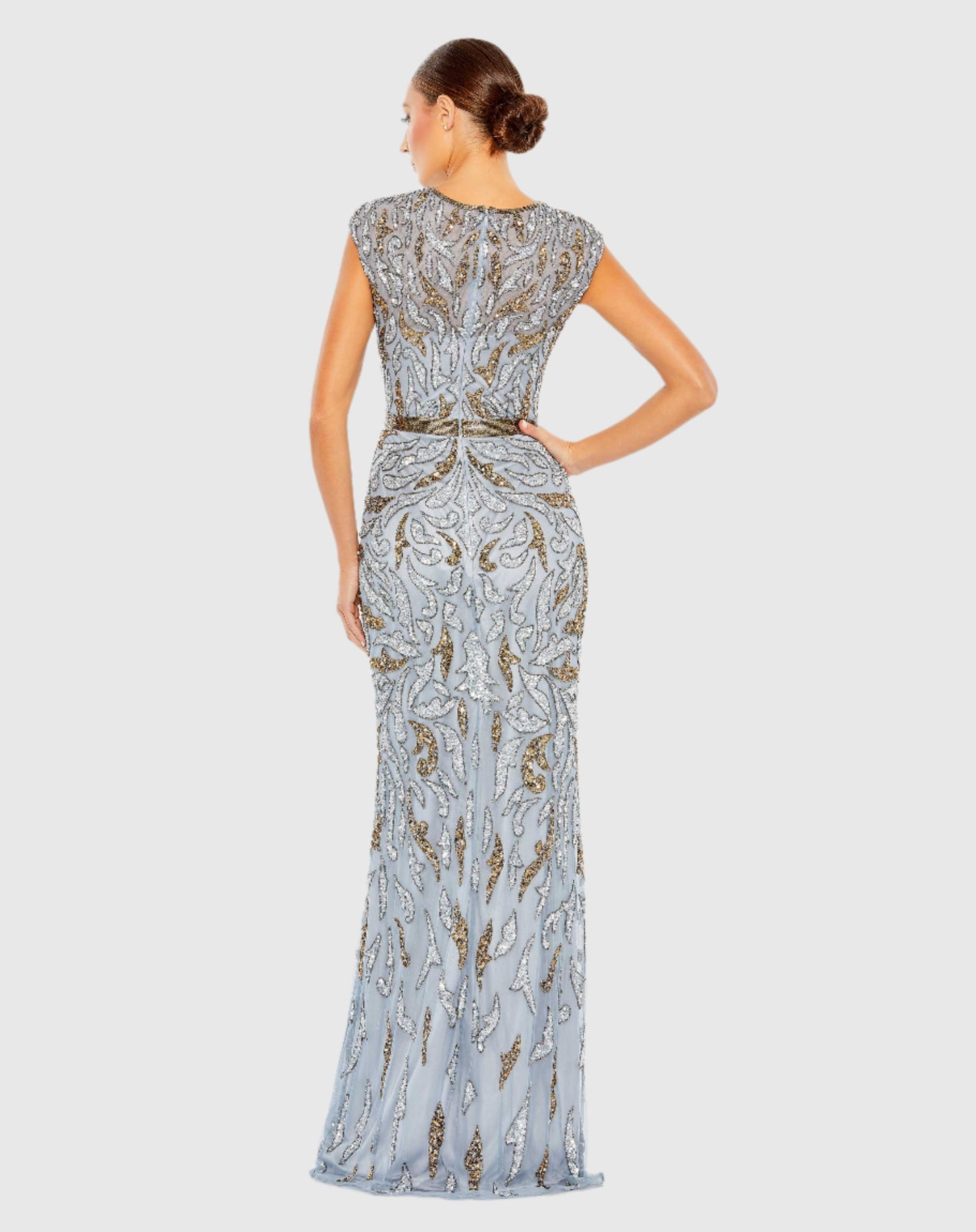 Blue and Gold Embellished Illusion Cap Sleeve Column Gown - Mac Duggal