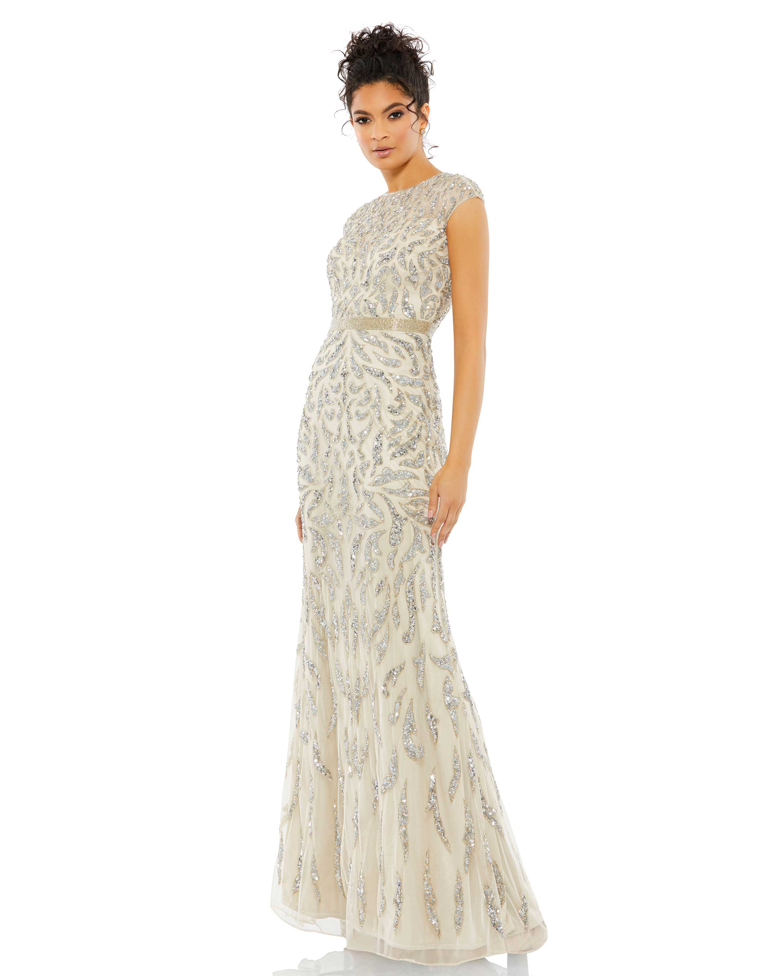 Embellished Illusion Cap Sleeve Column Gown