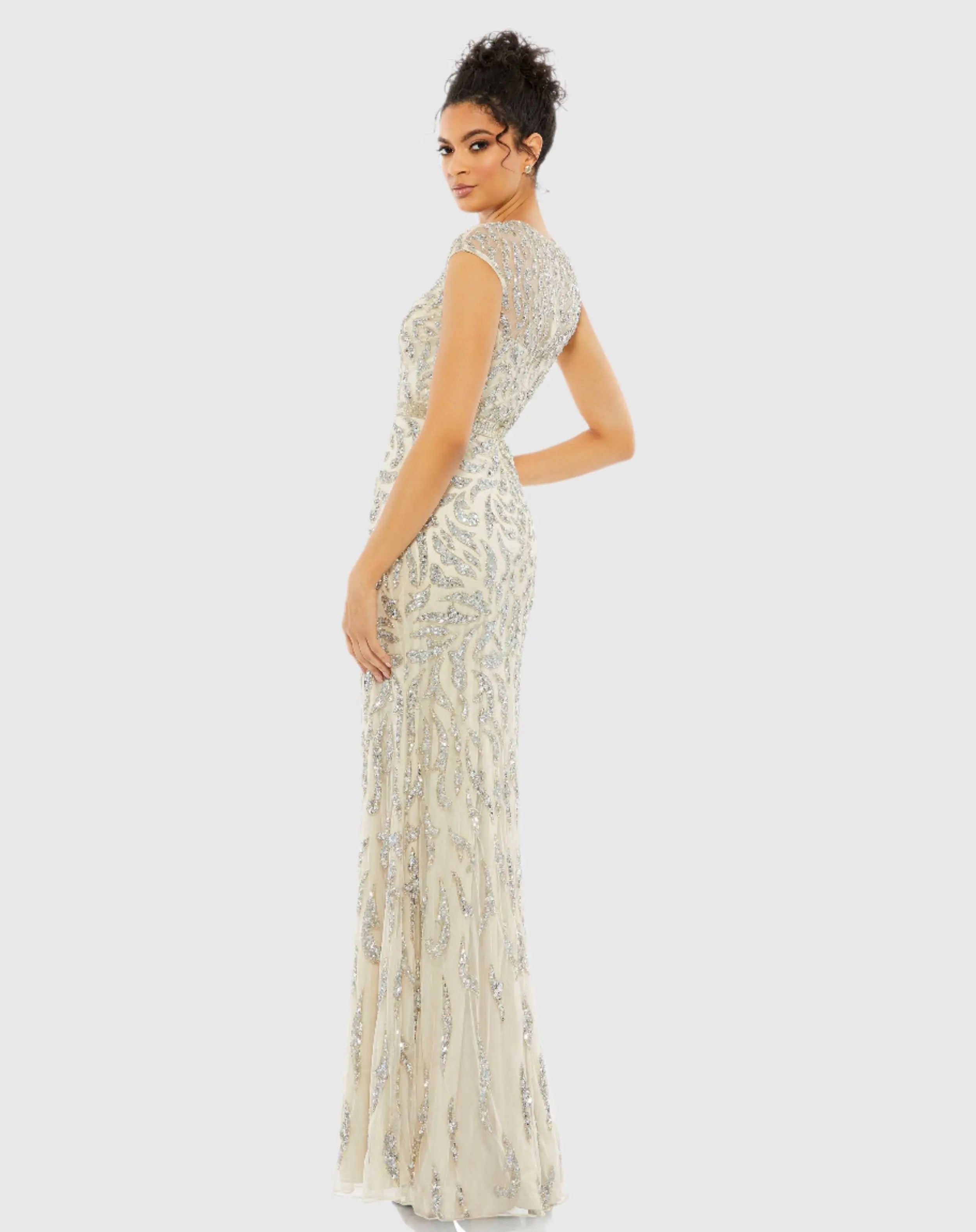 White and Silver Embellished Illusion Cap Sleeve Column Gown - Mac Duggal