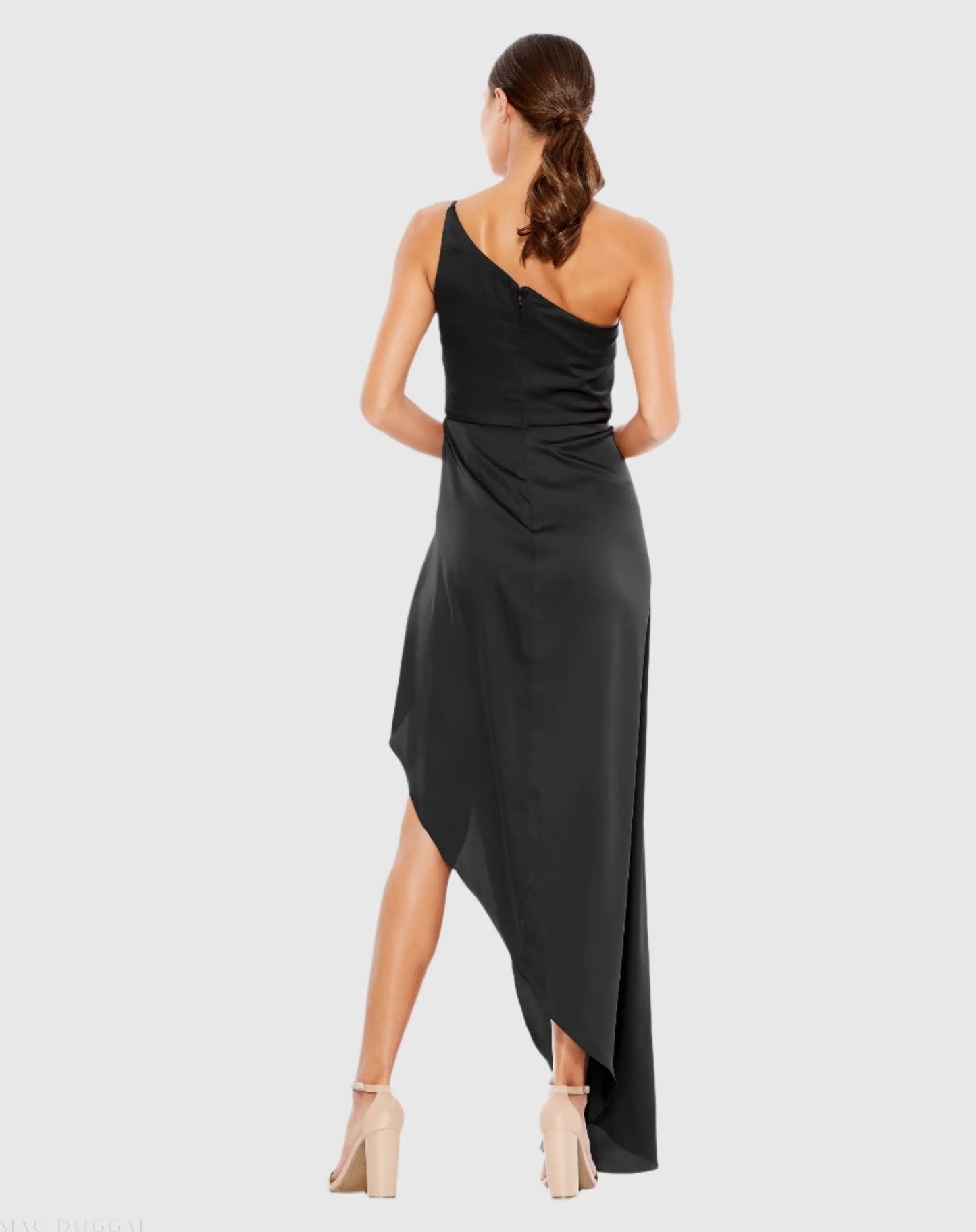 Black One Shoulder Hi-Low Draped Charmeuse Dress - Mac Duggal