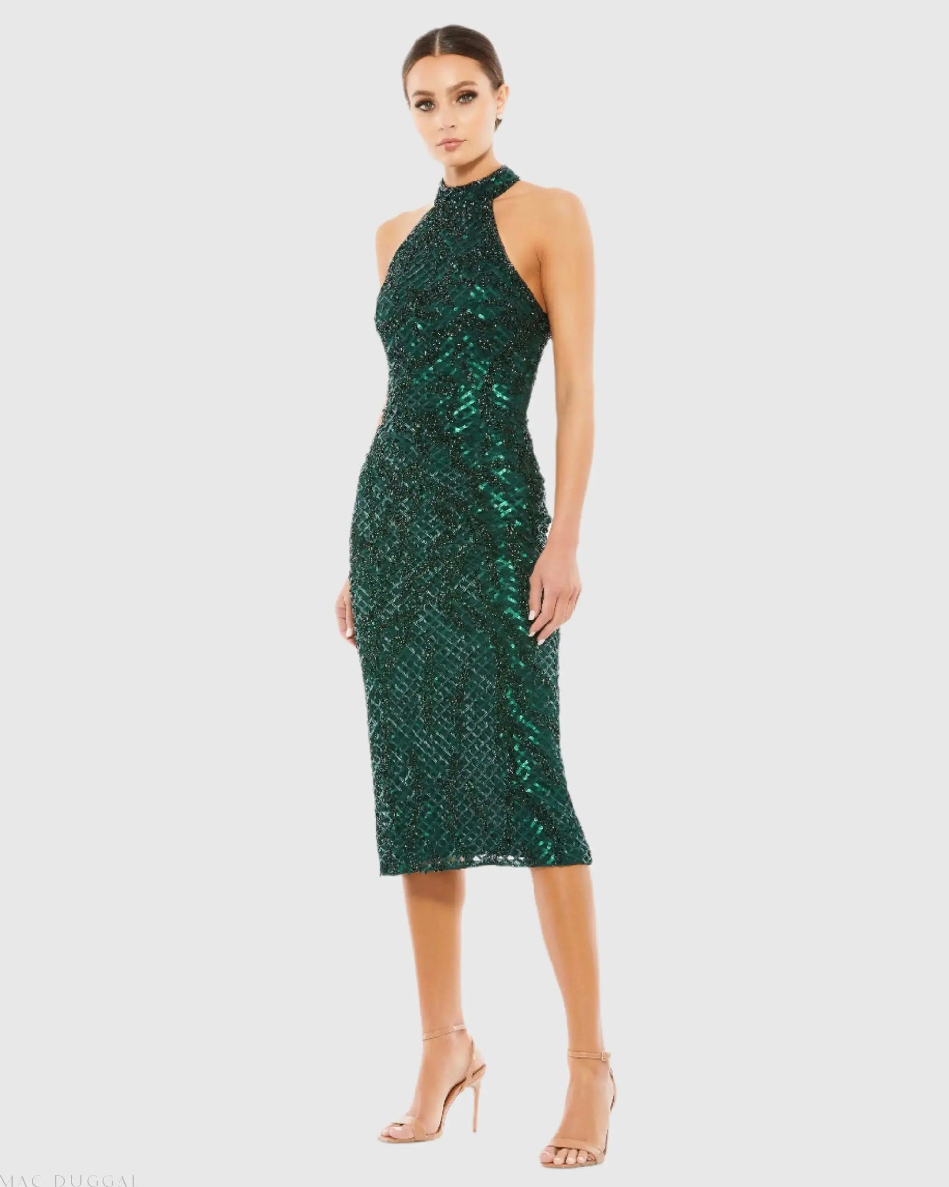 Dark Green Embellished Halter Midi Dress - Mac Duggal Dark Green Embellished Halter Midi Dress - Mac Duggal