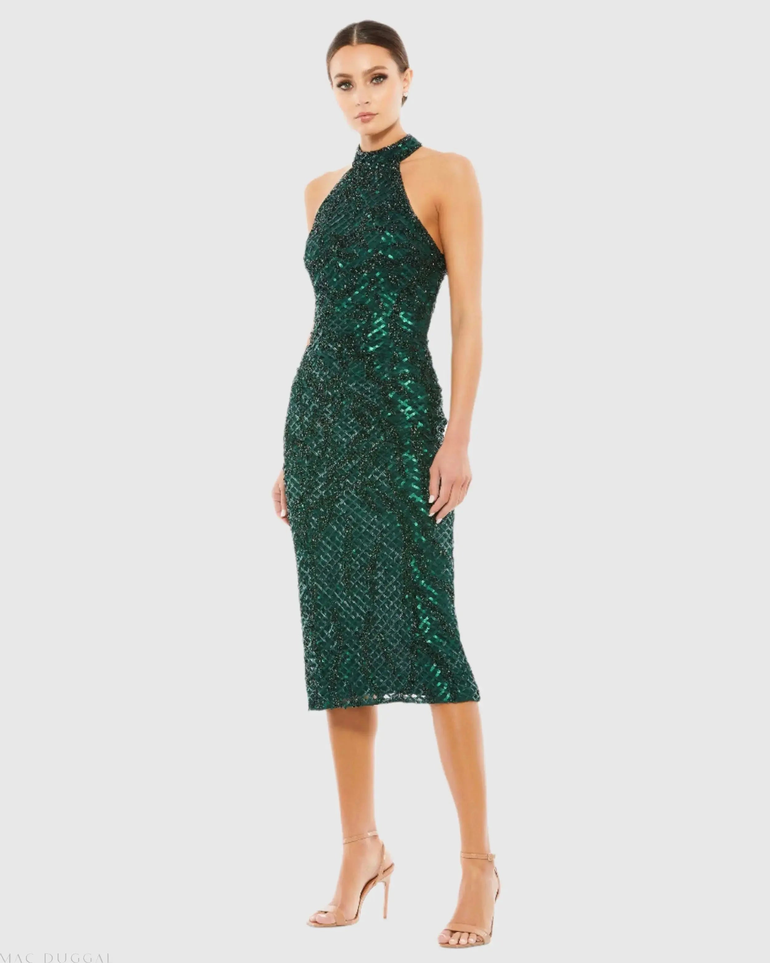 Green Embellished Halter Midi Dress - Mac Duggal