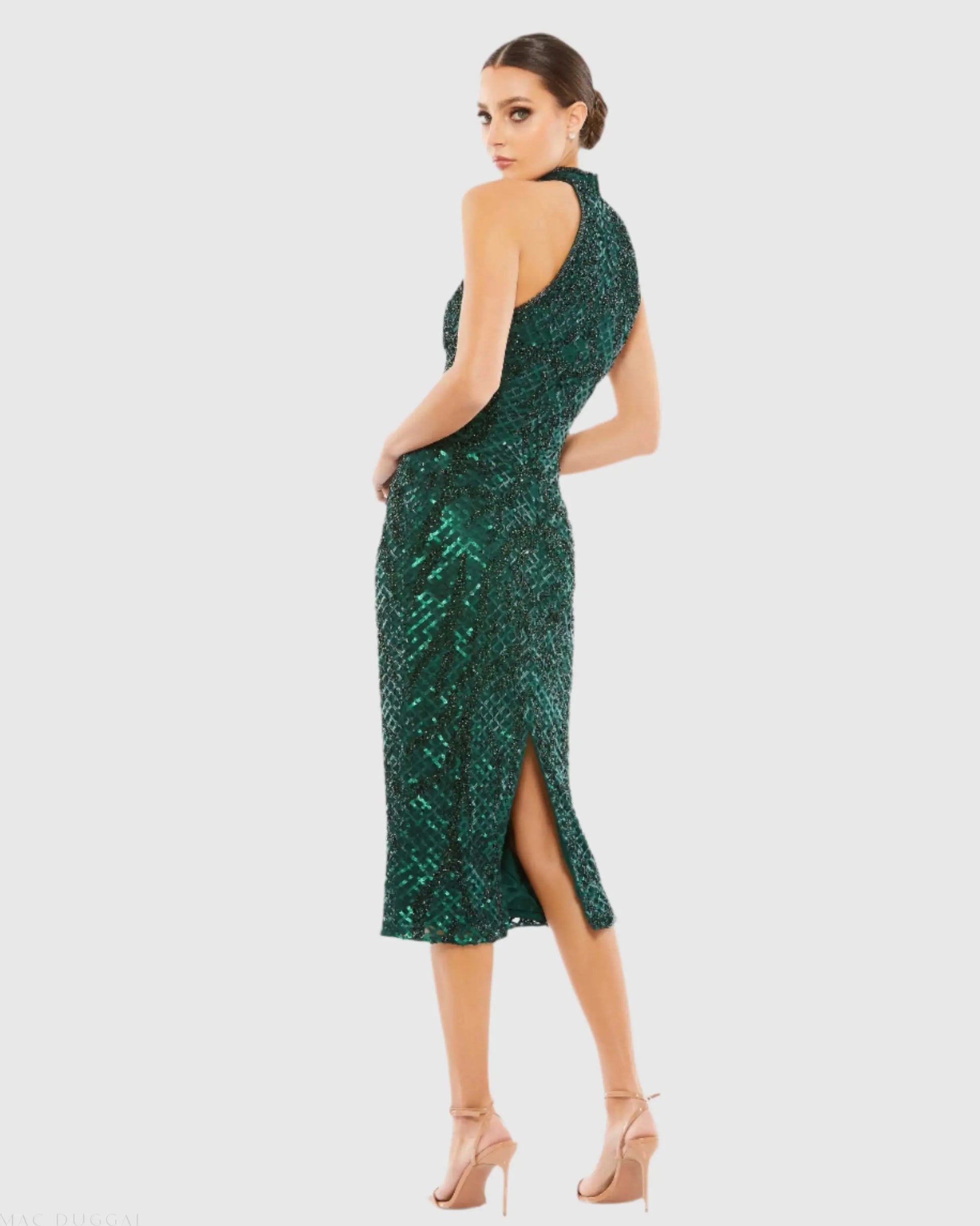 Dark Green Embellished Halter Midi Dress - Mac Duggal Dark Green Embellished Halter Midi Dress - Mac Duggal