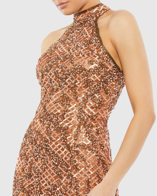 Bronze Embellished Halter Midi Dress