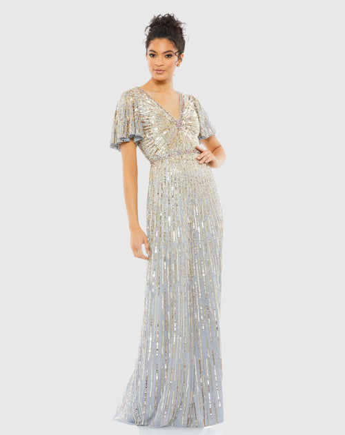 Silver Embellished V Neck Butterfly Sleeve Column Gown