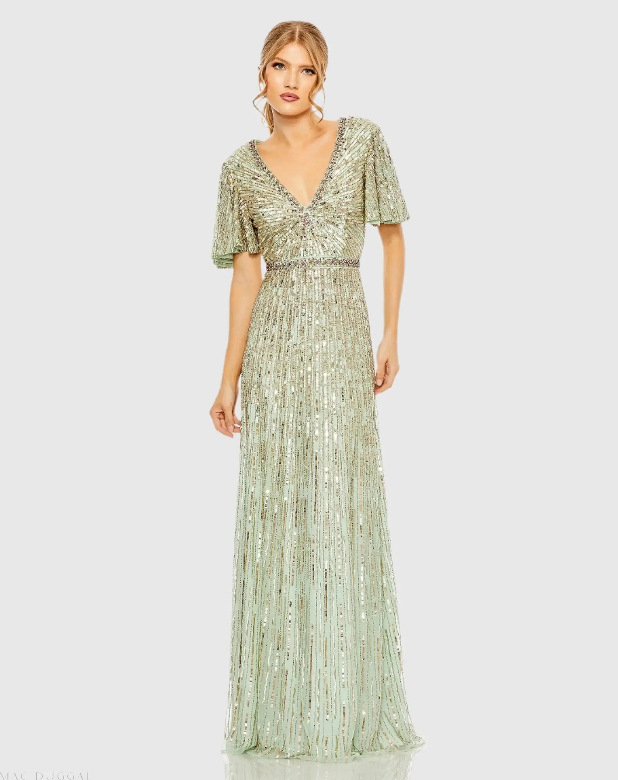 Green Embellished V Neck Butterfly Sleeve Column Gown - Mac Duggal