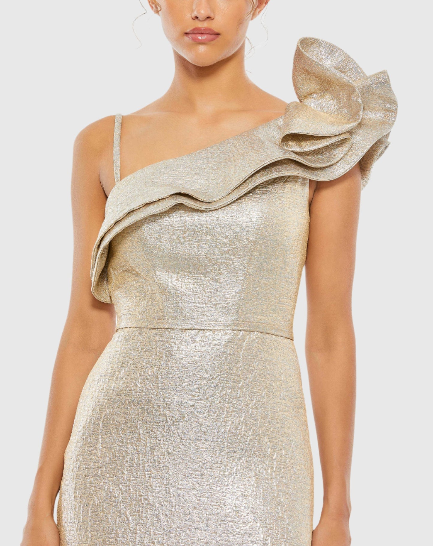 Metallic Asymmetrical Ruffle Shoulder Fit and Flare Dress