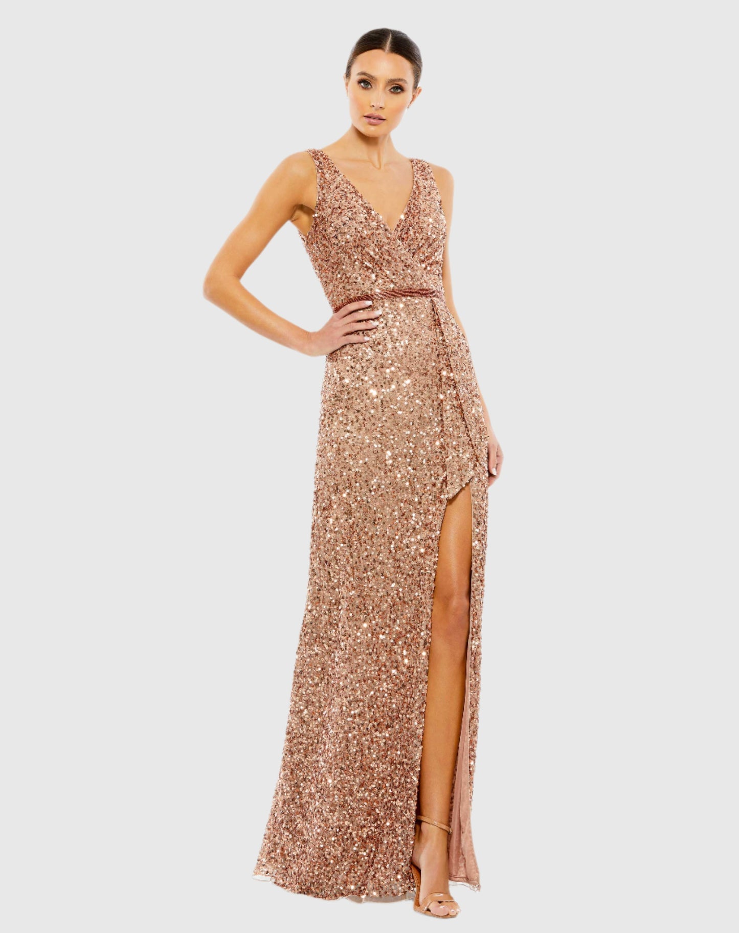 V-Neck High Slit Sequined Wrap Gown