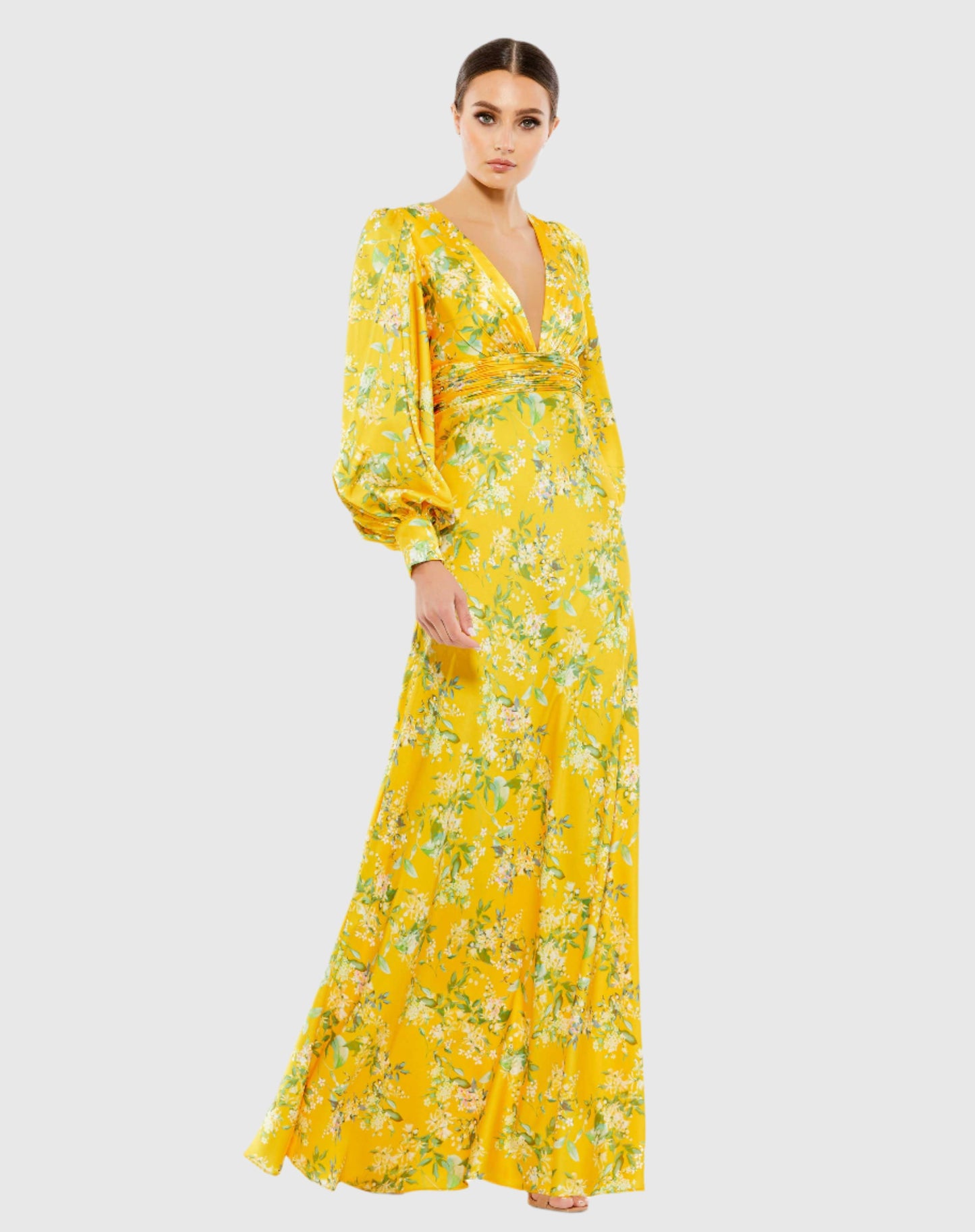 Floral Bishop Long Sleeve V Neck Gown