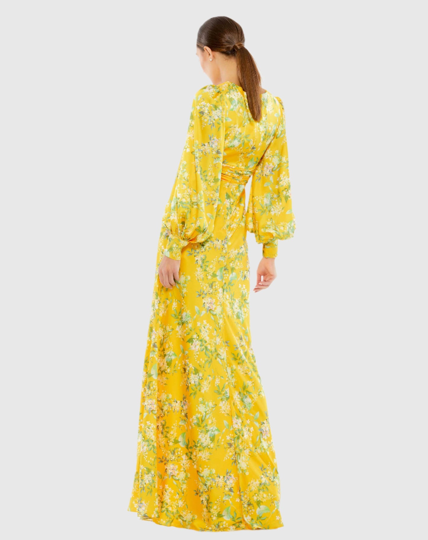 Floral Bishop Long Sleeve V Neck Gown