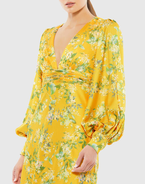 Floral Bishop Long Sleeve V Neck Gown