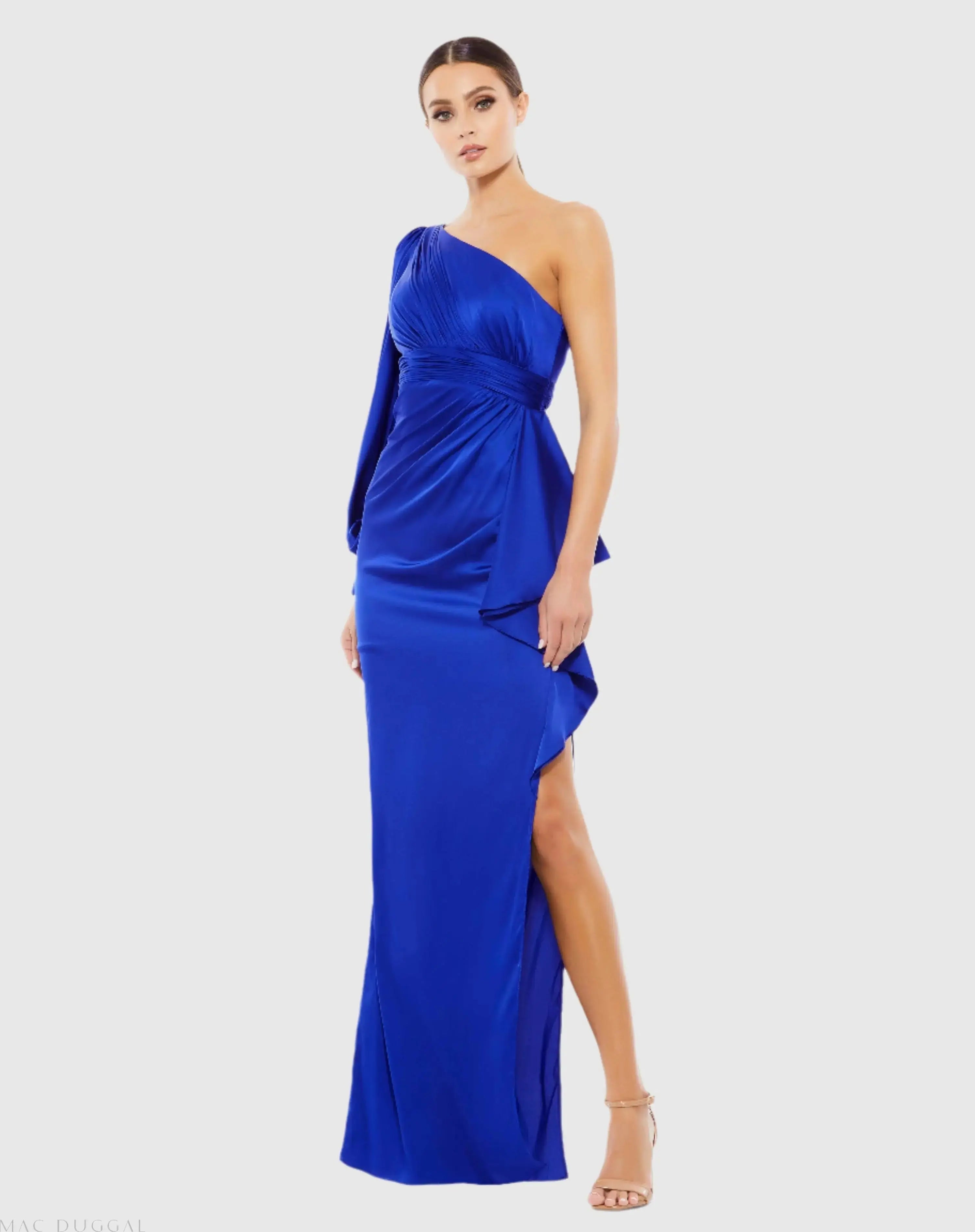 Blue One Shoulder Bishop Sleeve Gown - Ieena for Mac Duggal