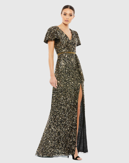 Black and Gold Sequined Wrap Over Butterfly Sleeve Draped Gown