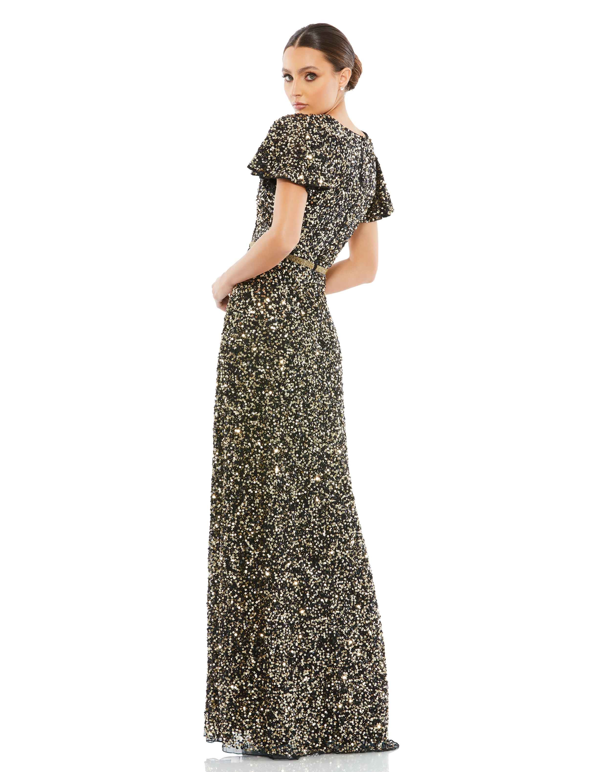 Sequined Wrap Over Butterfly Sleeve Draped Gown