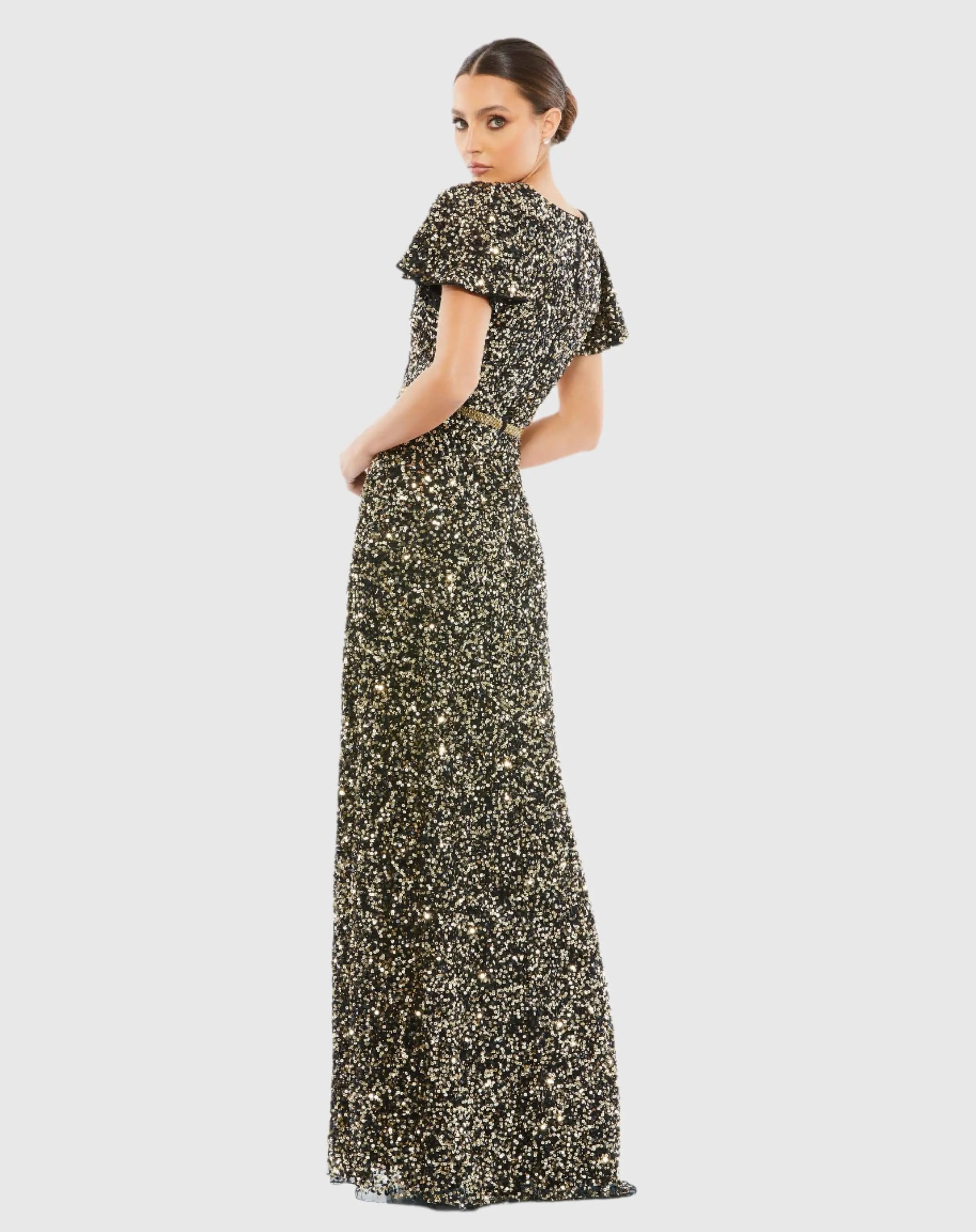 Mac Duggal Women's Sequined Butterfly-Sleeve Gown - Black Gold - Size 6 Mac Duggal Women's Sequined Butterfly-Sleeve Gown - Black Gold - Size 6