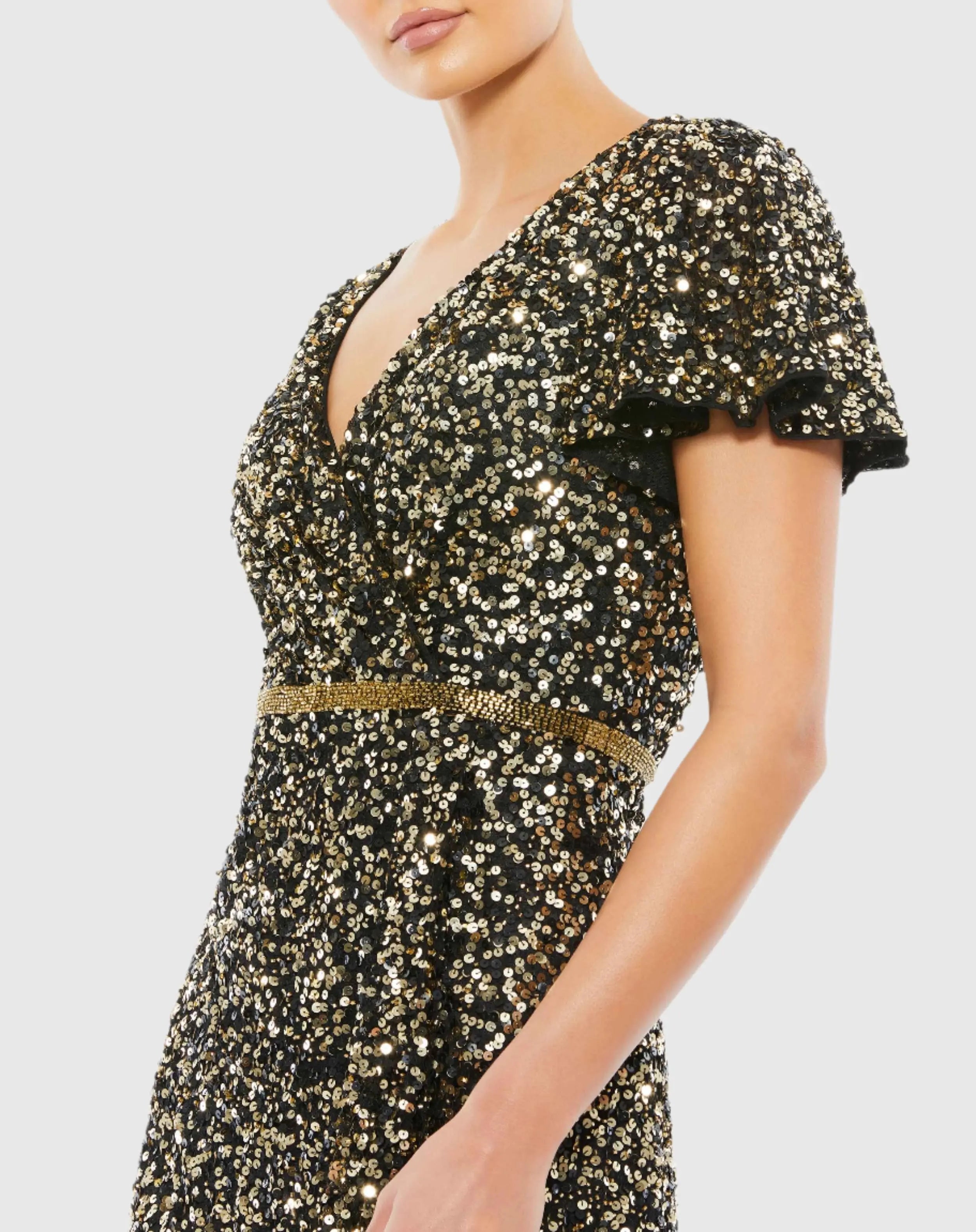 Black and Gold Sequined Wrap Over Butterfly Sleeve Draped Gown - Mac Duggal