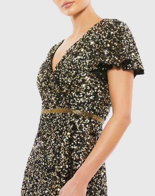 Black and Gold Sequined Wrap Over Butterfly Sleeve Draped Gown