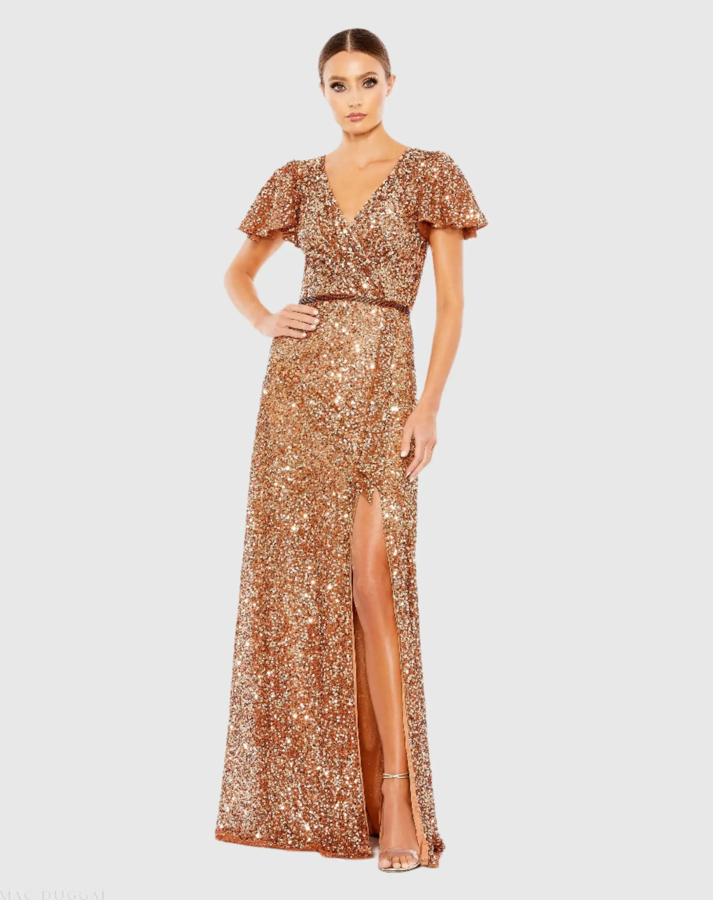 Copper Sequined Wrap Over Butterfly Sleeve Draped Gown - Mac Duggal
