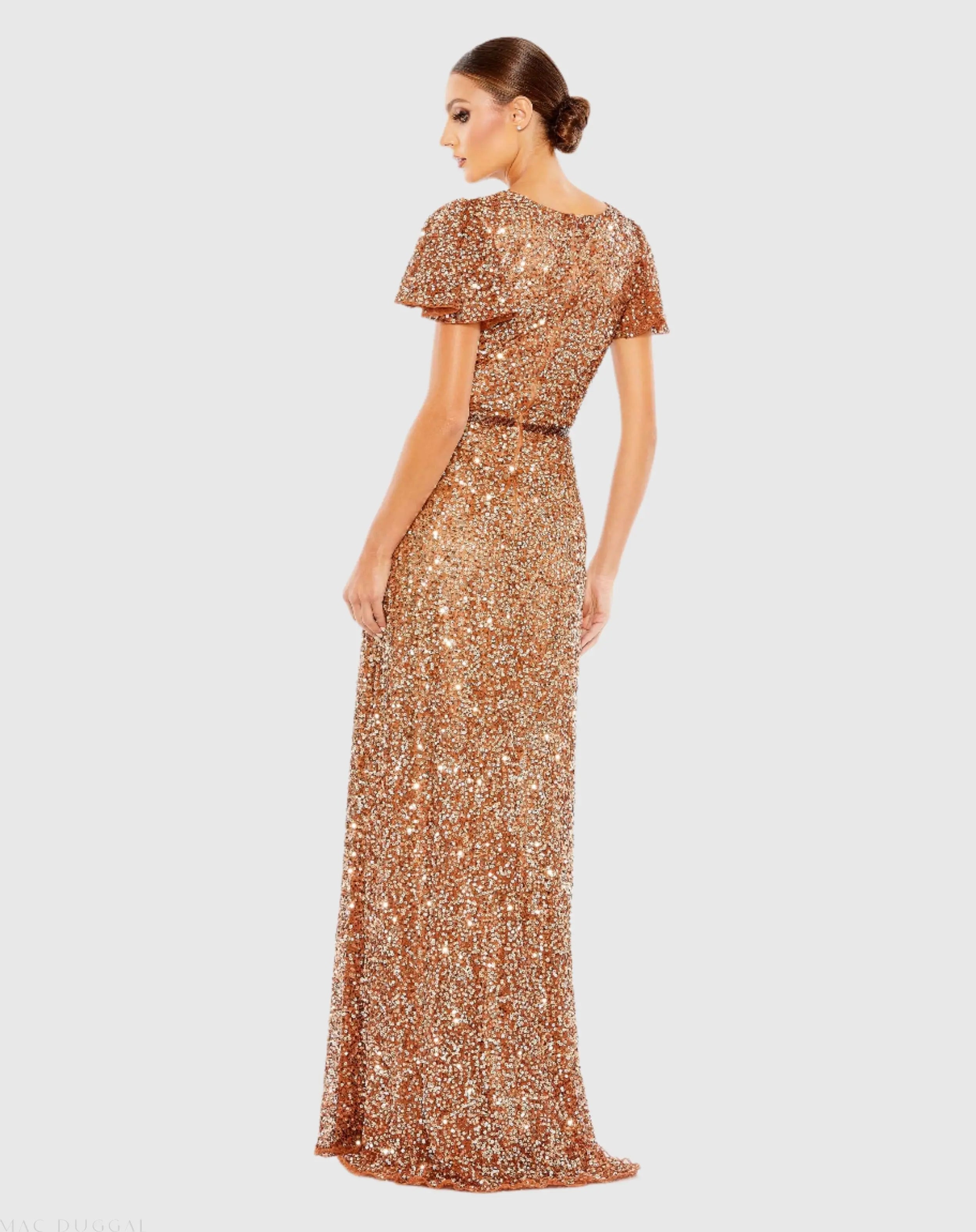Copper Sequined Wrap Over Butterfly Sleeve Draped Gown - Mac Duggal