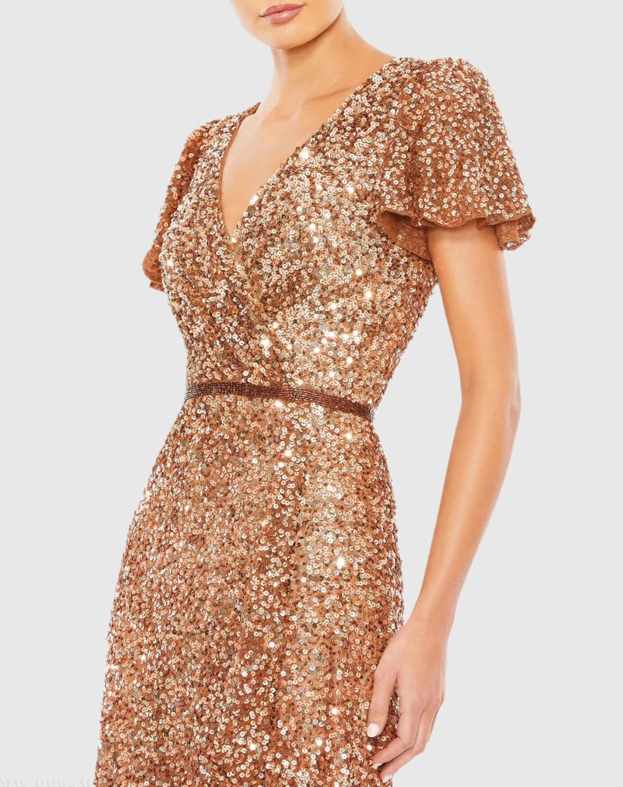 Copper Sequined Wrap Over Butterfly Sleeve Draped Gown - Mac Duggal