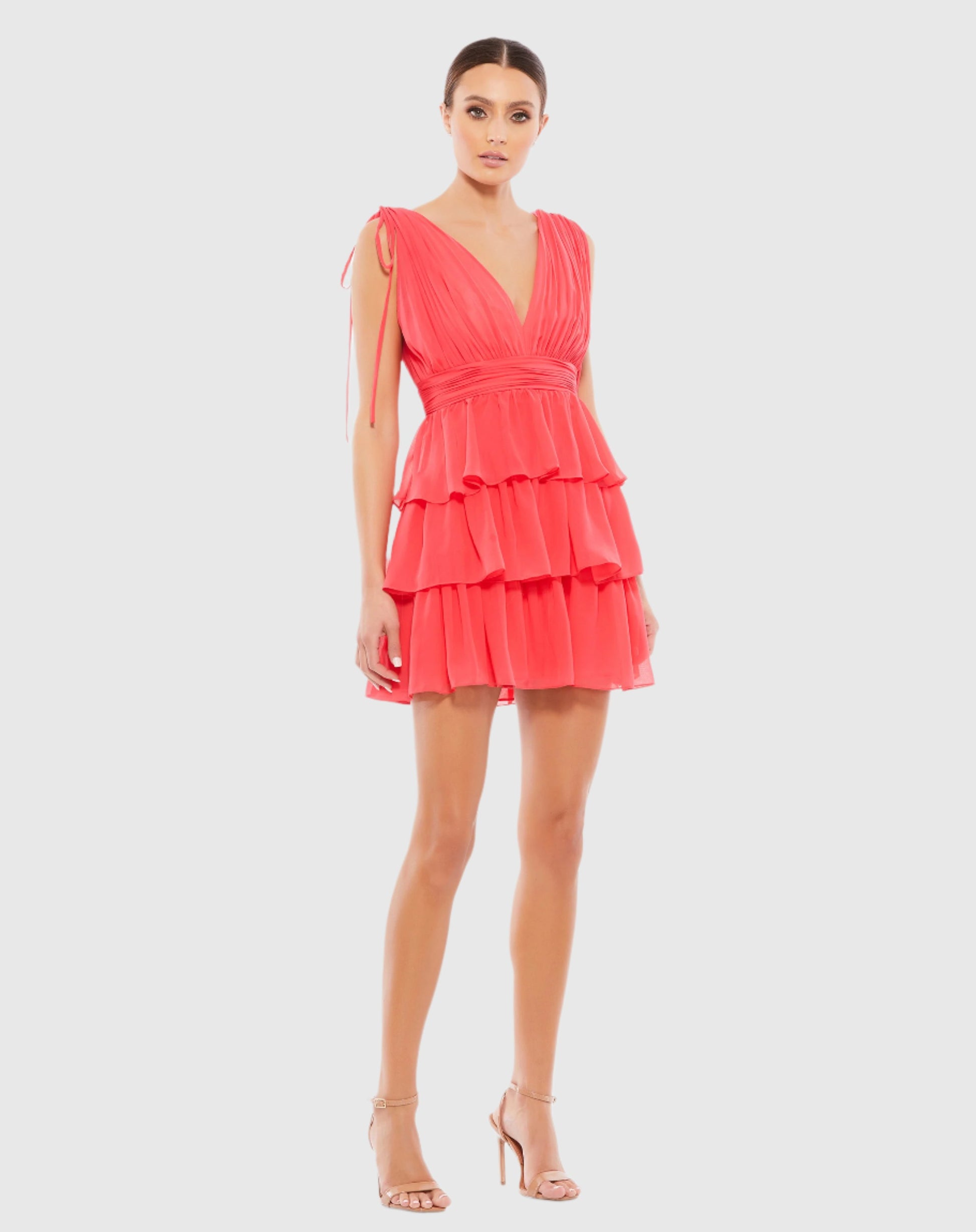 Pleated V Neck Tiered Ruffle Mini Dress