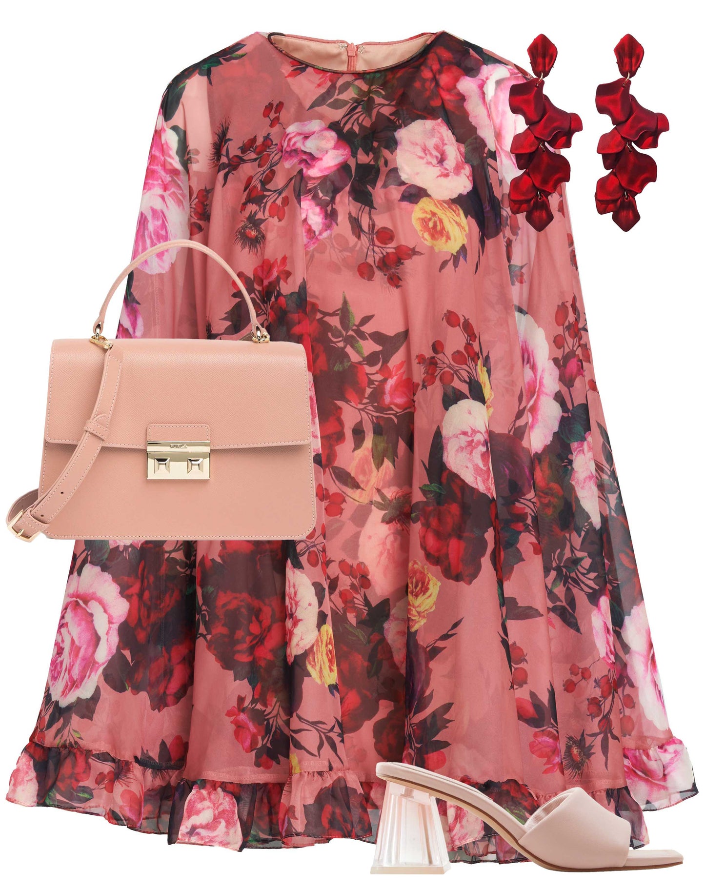 Floral Print High Neck Ruffle Hem Cape Mini Dress