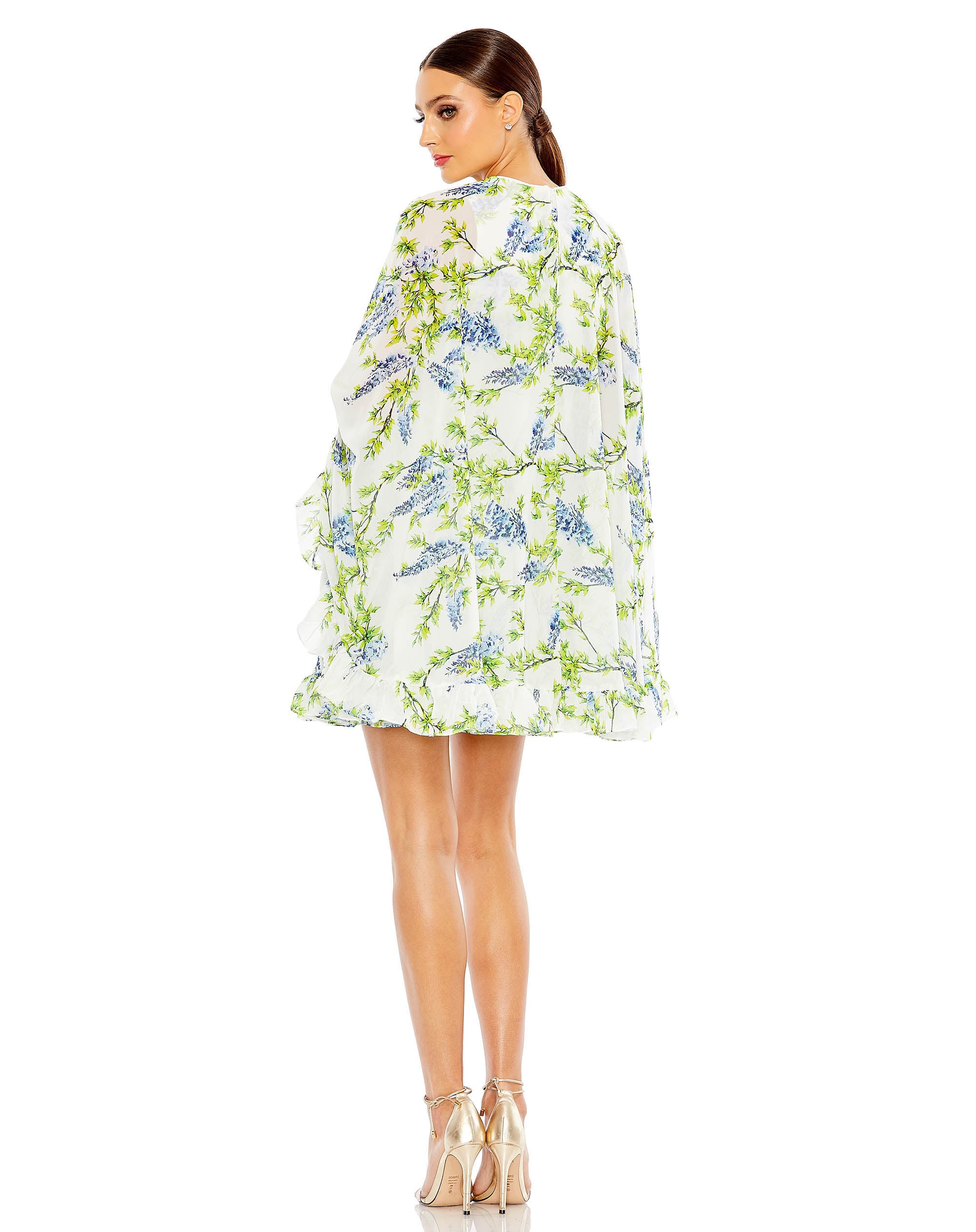 Mini-robe cape à imprimé floral, col haut, ourlet volanté