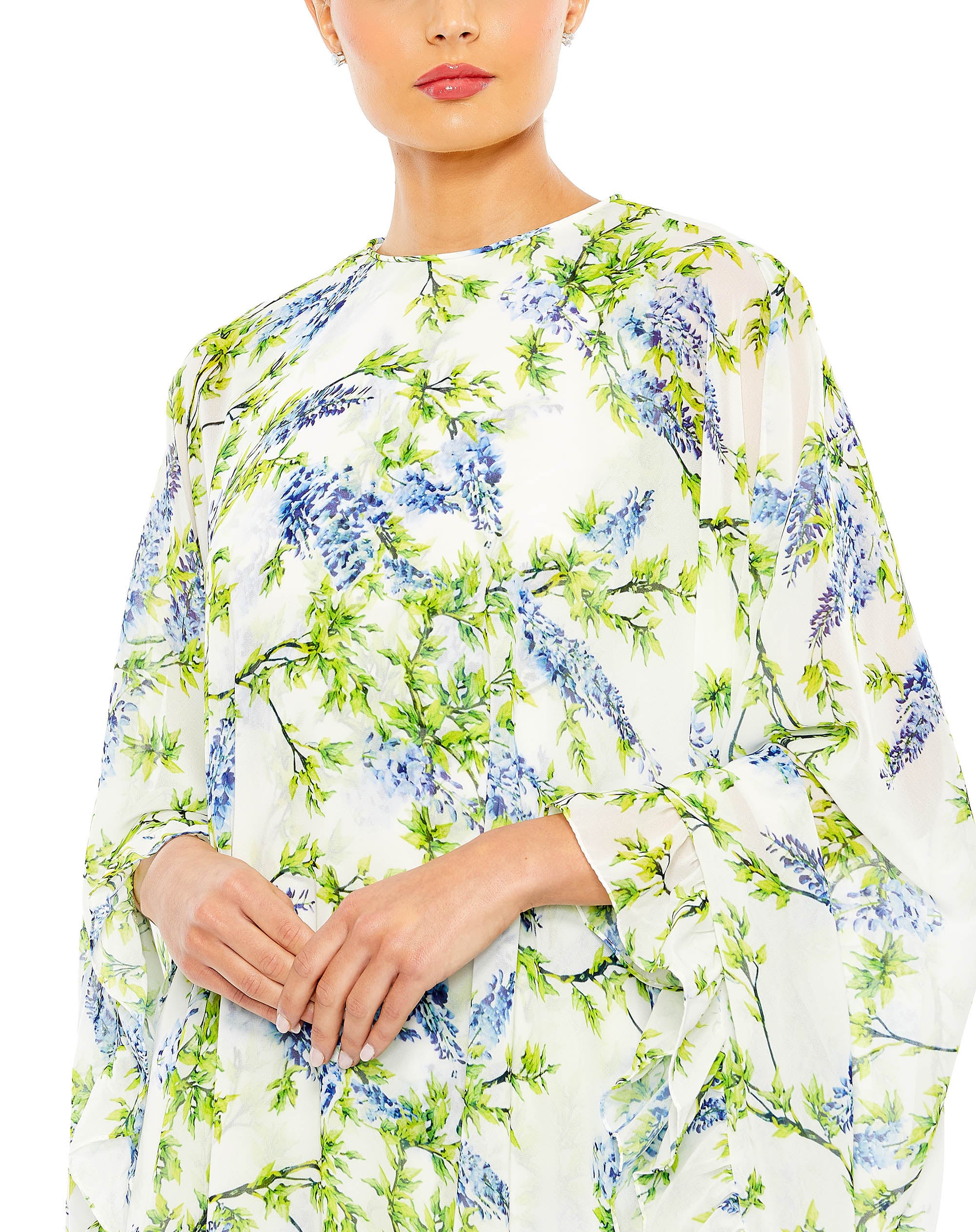 Mini-robe cape à imprimé floral, col haut, ourlet volanté