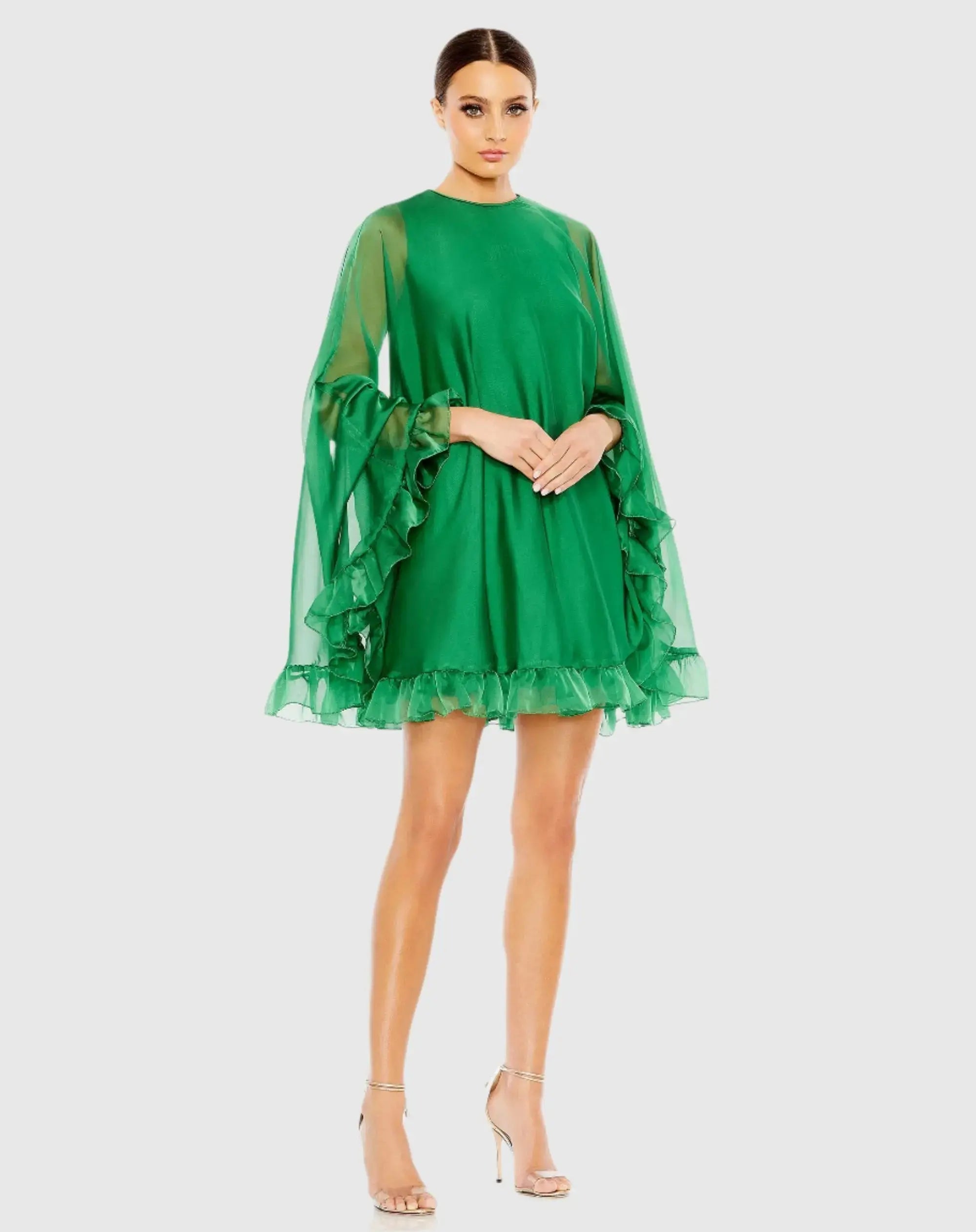 high neck sheer ruffle trim cape mini dress Women's Ieena High Neck Ruffle Hem Cape Mini Dress