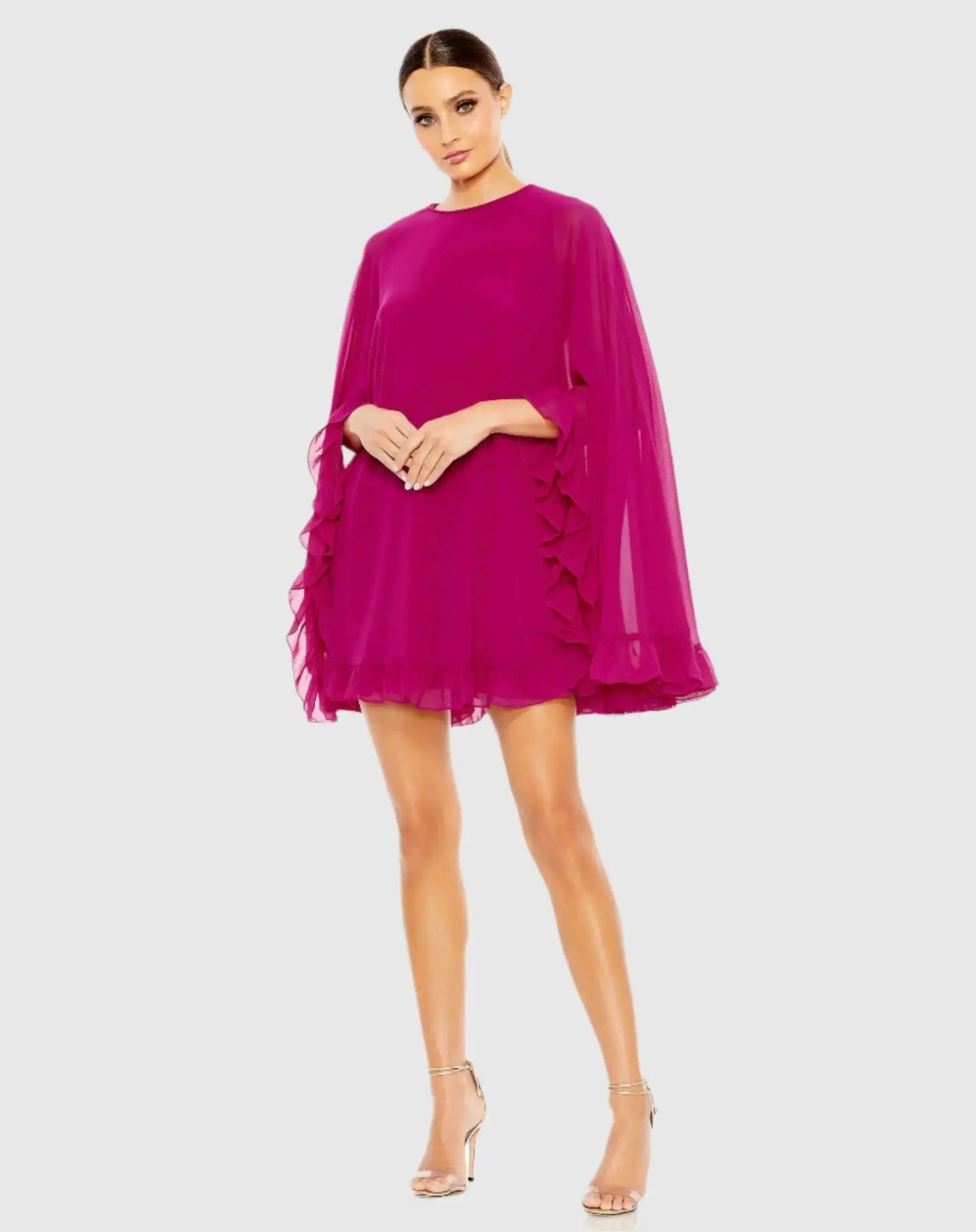 Pink High Neck Ruffle Hem Cape Mini Dress - Ieena for Mac Duggal