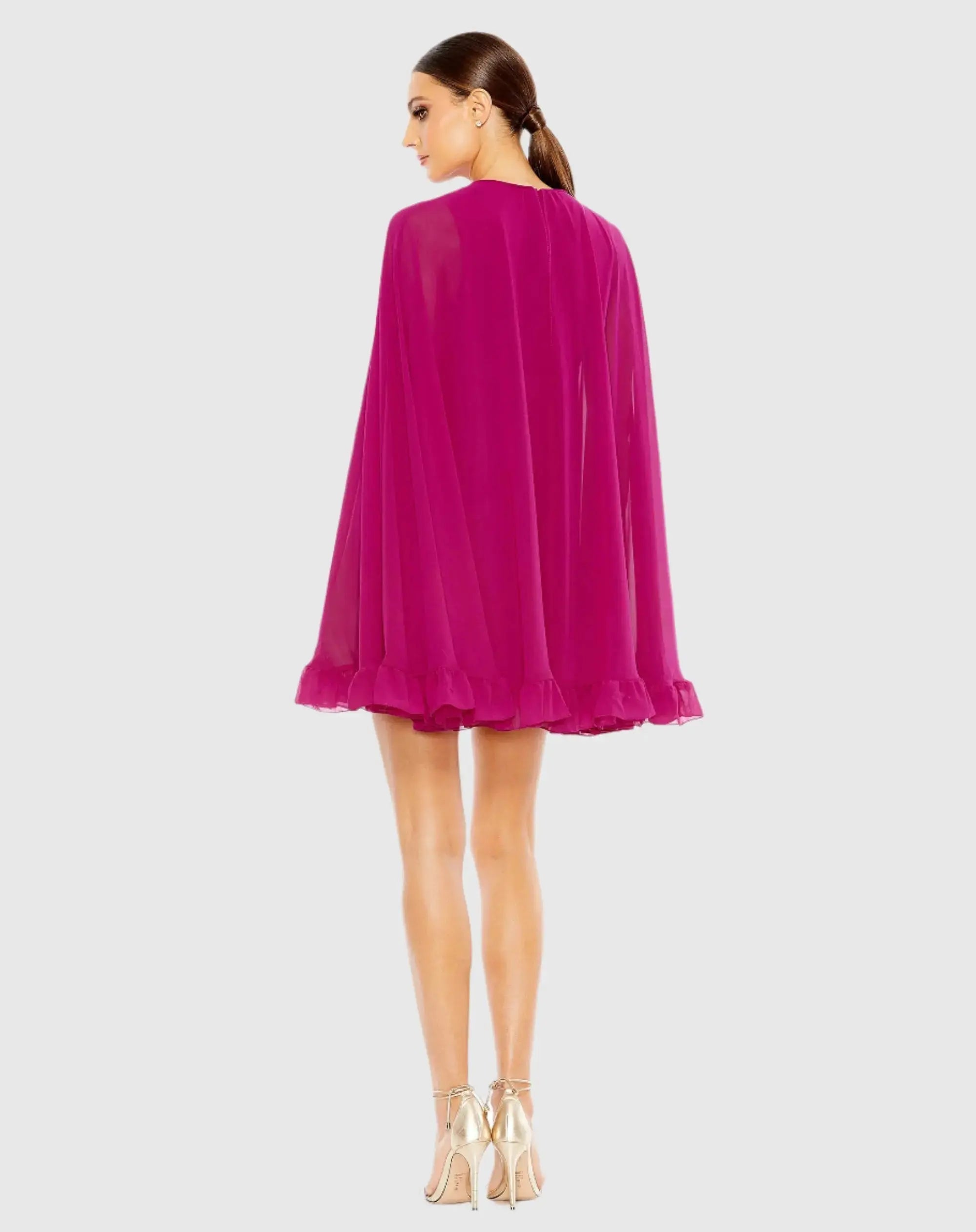Pink High Neck Ruffle Hem Cape Mini Dress - Ieena for Mac Duggal