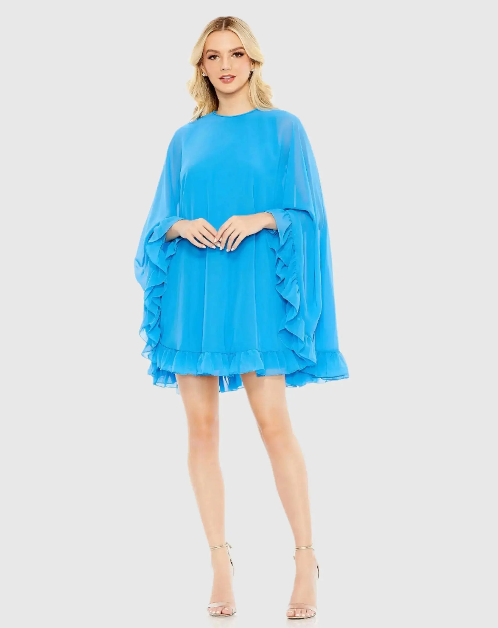 Blue High Neck Ruffle Hem Cape Mini Dress - Ieena for Mac Duggal