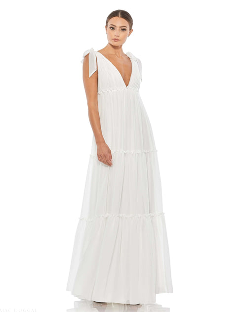 White Tiered V-Neck Plunging Maxi Dress - Ieena for Mac Duggal
