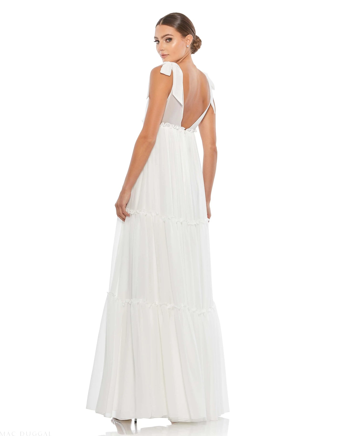 White Tiered V-Neck Plunging Maxi Dress - Ieena for Mac Duggal