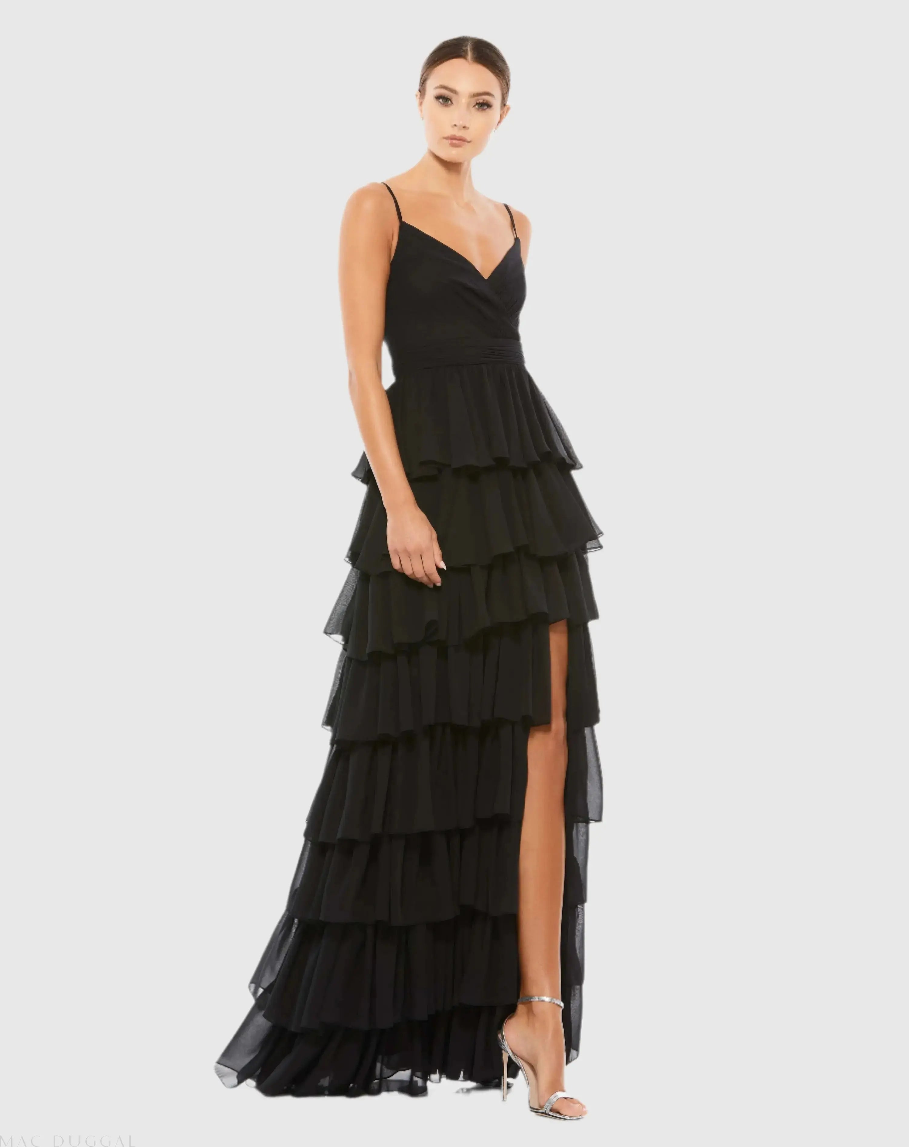 Black V-Neck Sleeveless Gown with Ruffled Skirt - Ieena for Mac Duggal