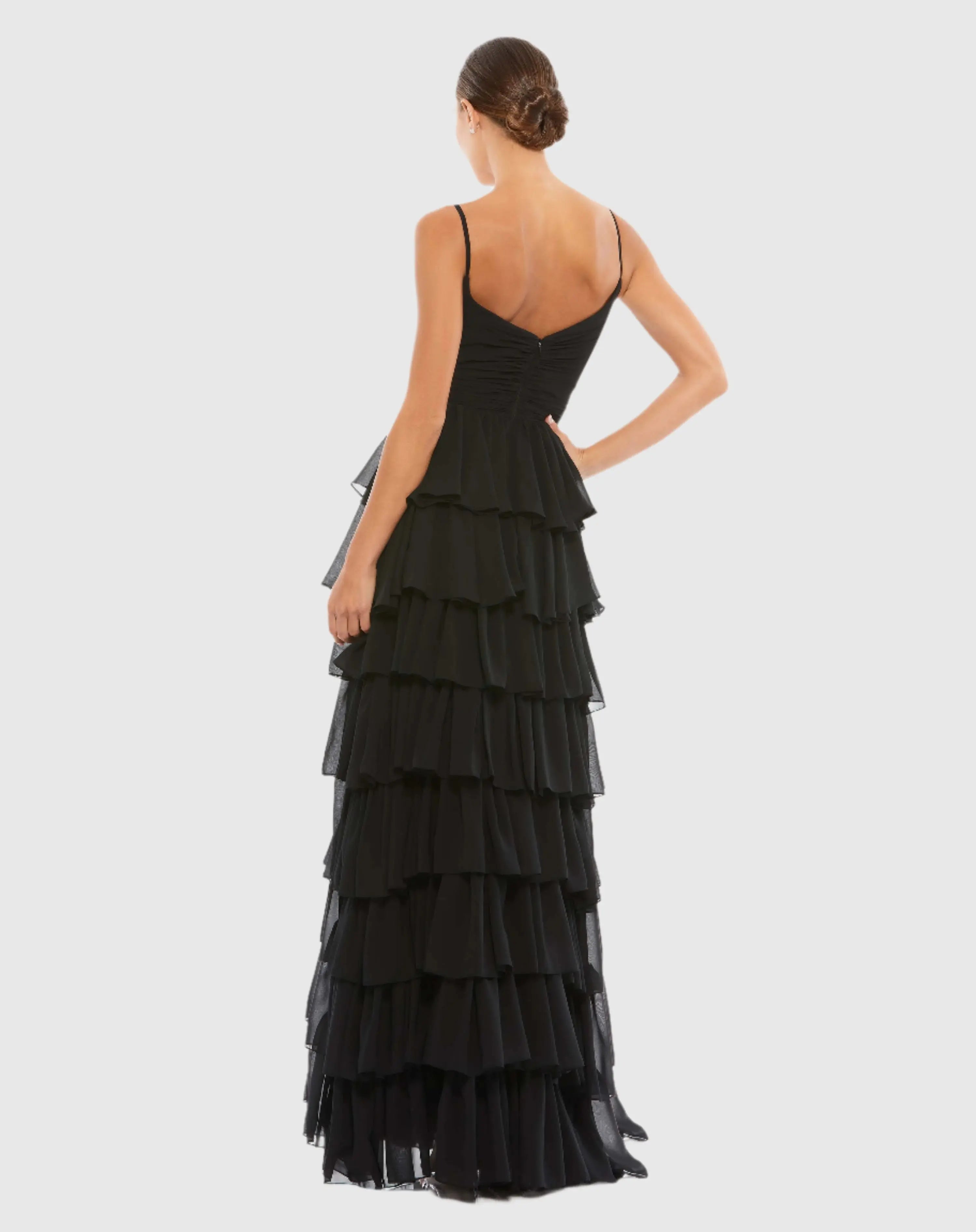 Black V-Neck Sleeveless Gown with Ruffled Skirt - Ieena for Mac Duggal
