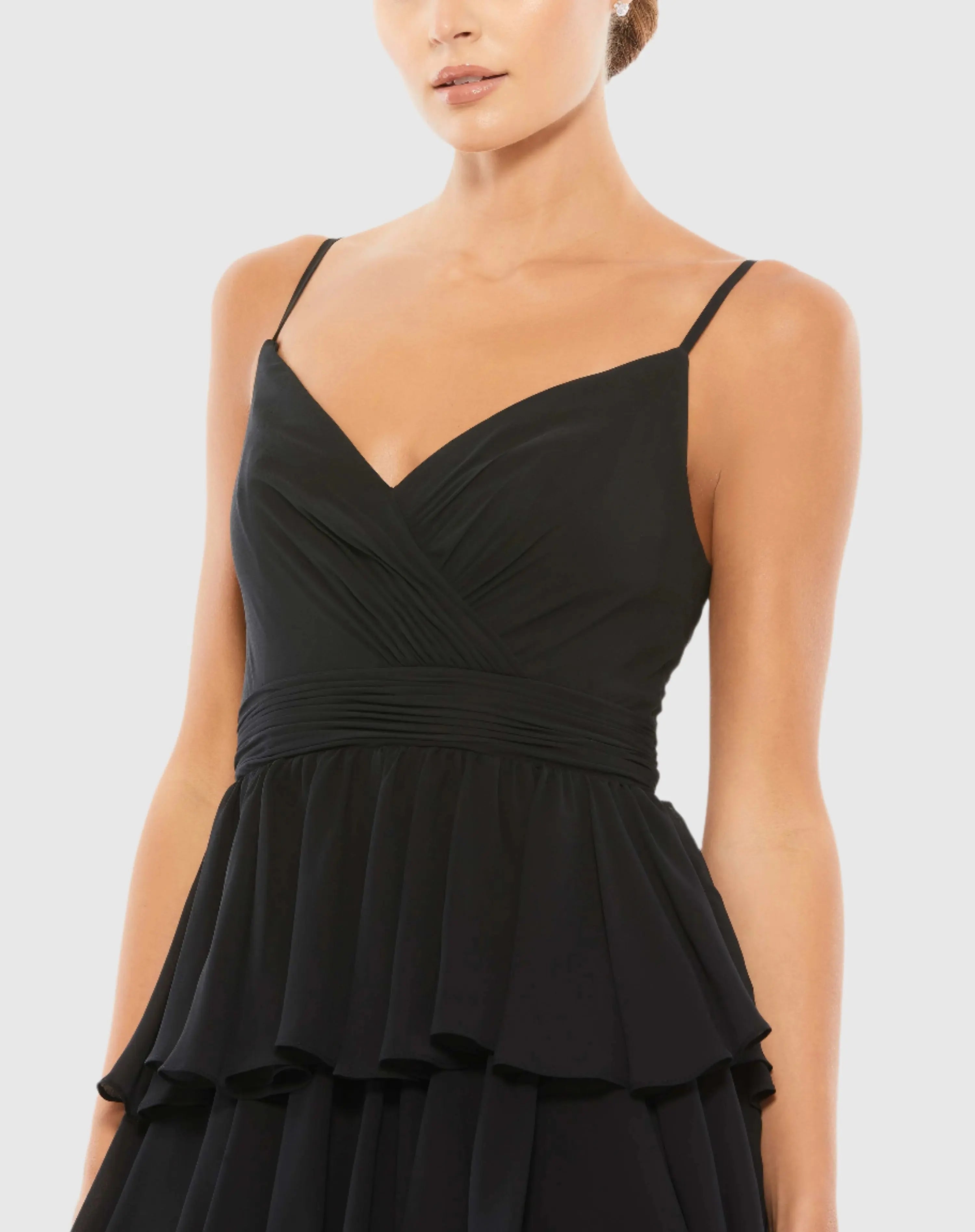 Black V-Neck Sleeveless Gown with Ruffled Skirt - Ieena for Mac Duggal