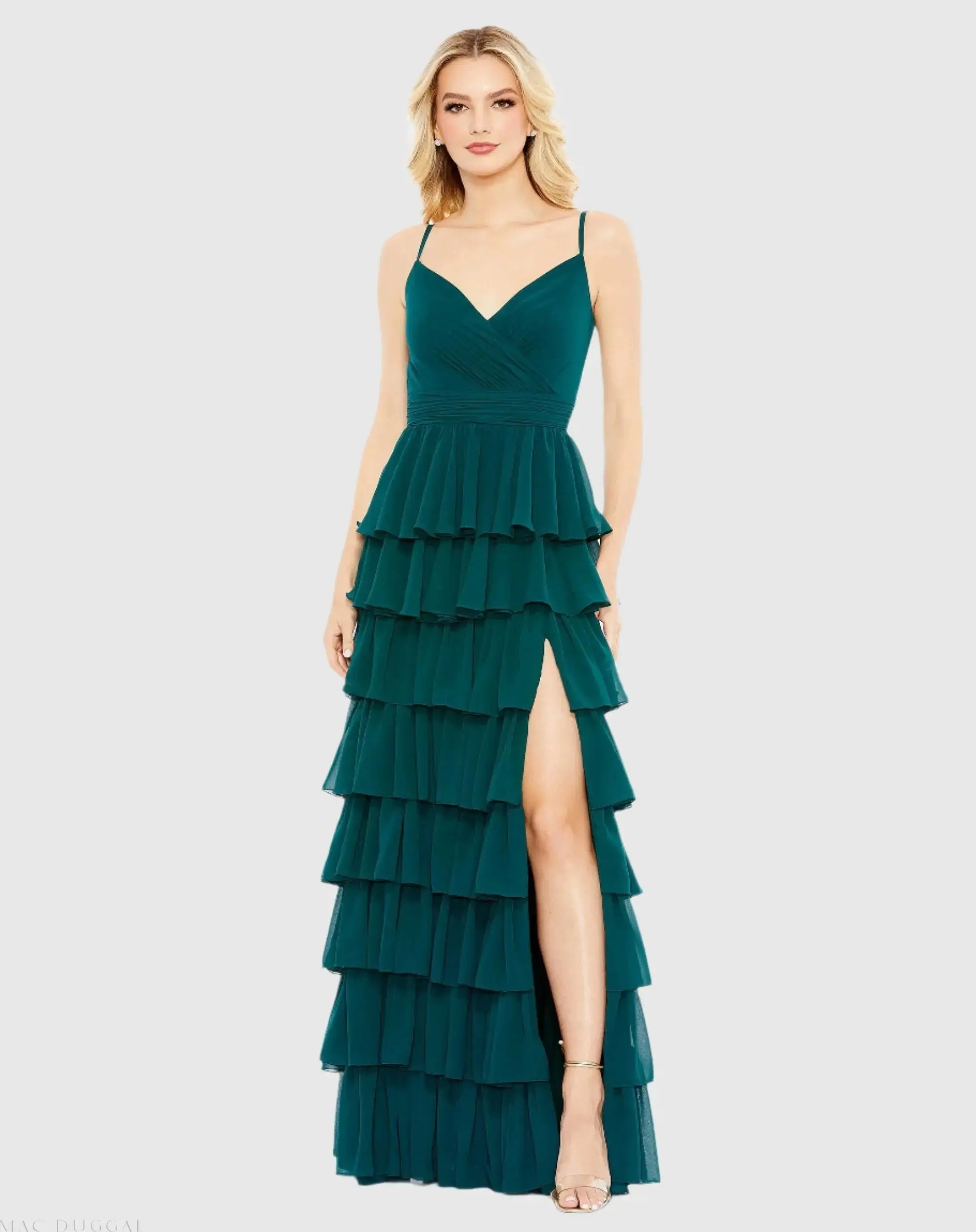 Green V-Neck Sleeveless Gown with Ruffled Skirt
