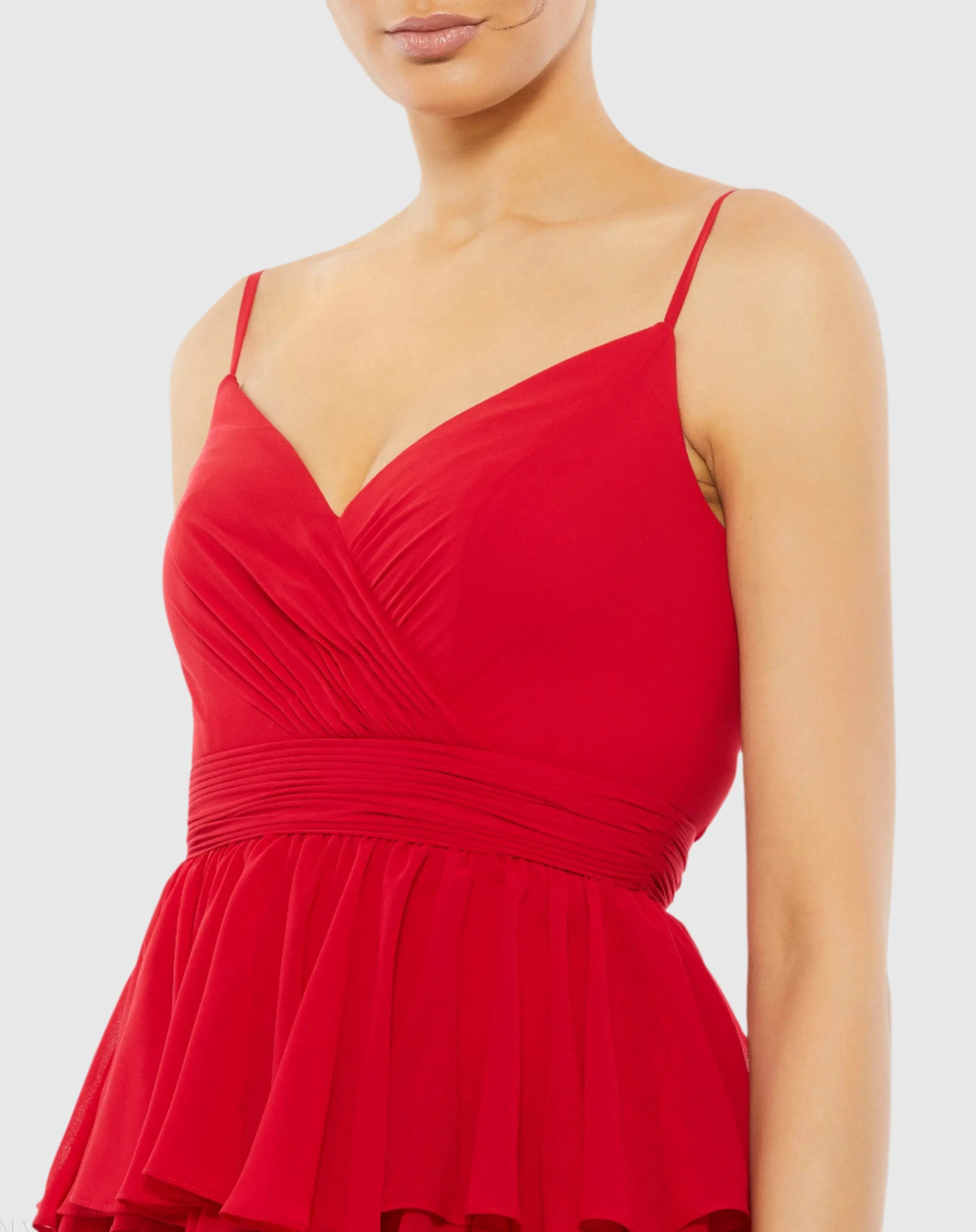 Red V-Neck Sleeveless Gown with Ruffled Skirt - Ieena for Mac Duggal
